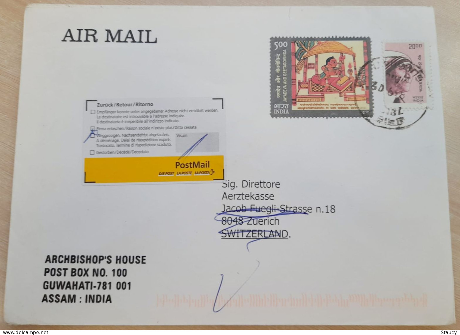 INDIA 2009 RETURN TO SENDER LABEL, AIR MAIL COVER TO SWITZERLAND, 2 STAMPS - MOTHER TERESA + GEETAGOVINDA, GUWAHATI - Poste Aérienne