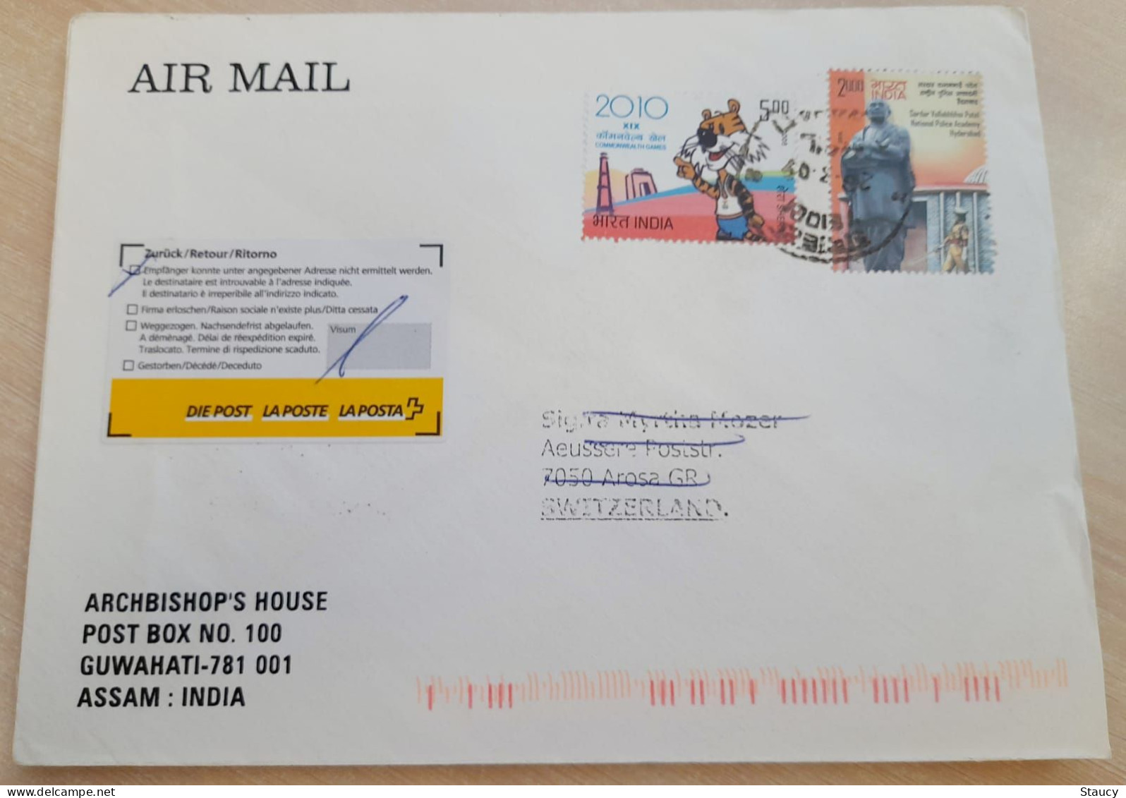 INDIA 2009 RETURN TO SENDER LABEL, AIR MAIL COVER TO SWITZERLAND, 2 STAMPS - COMMONWEALTH GAMES + PATEL, GUWAHATI - Airmail