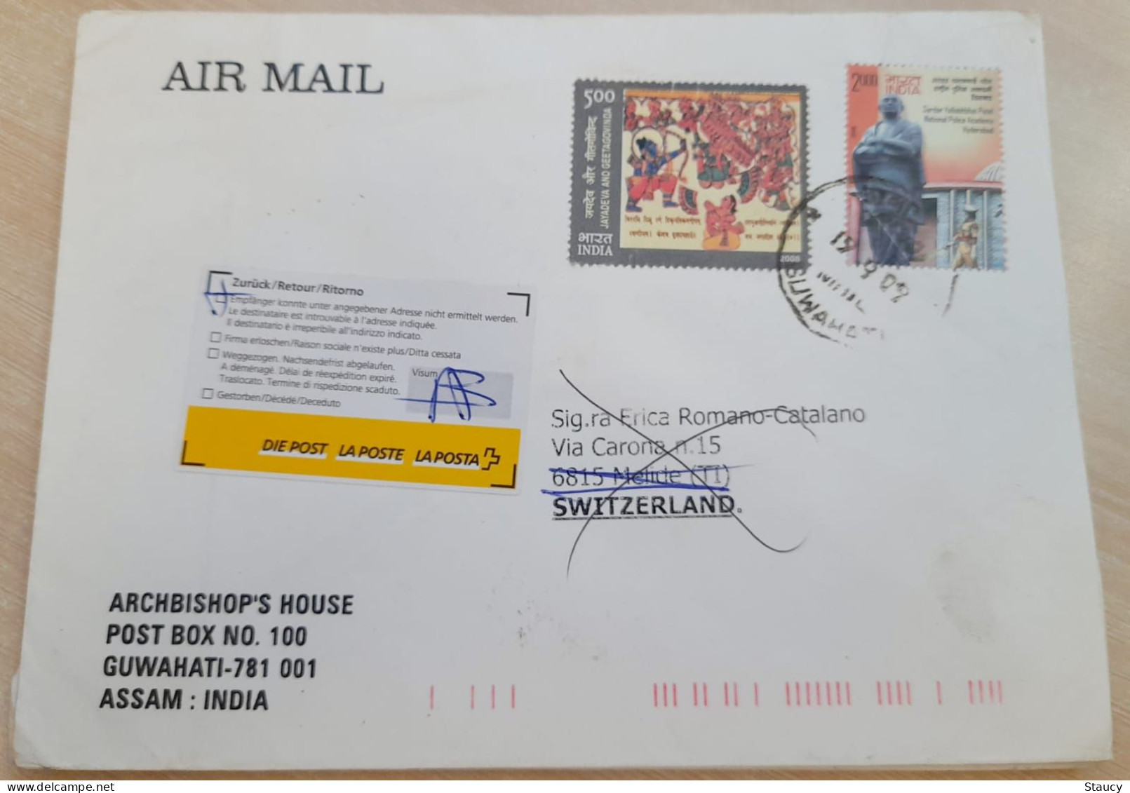 INDIA 2009 RETURN TO SENDER LABEL, AIR MAIL COVER TO SWITZERLAND, 2 STAMPS - GEETAGOVINDA + PATEL, GUWAHATI - Poste Aérienne