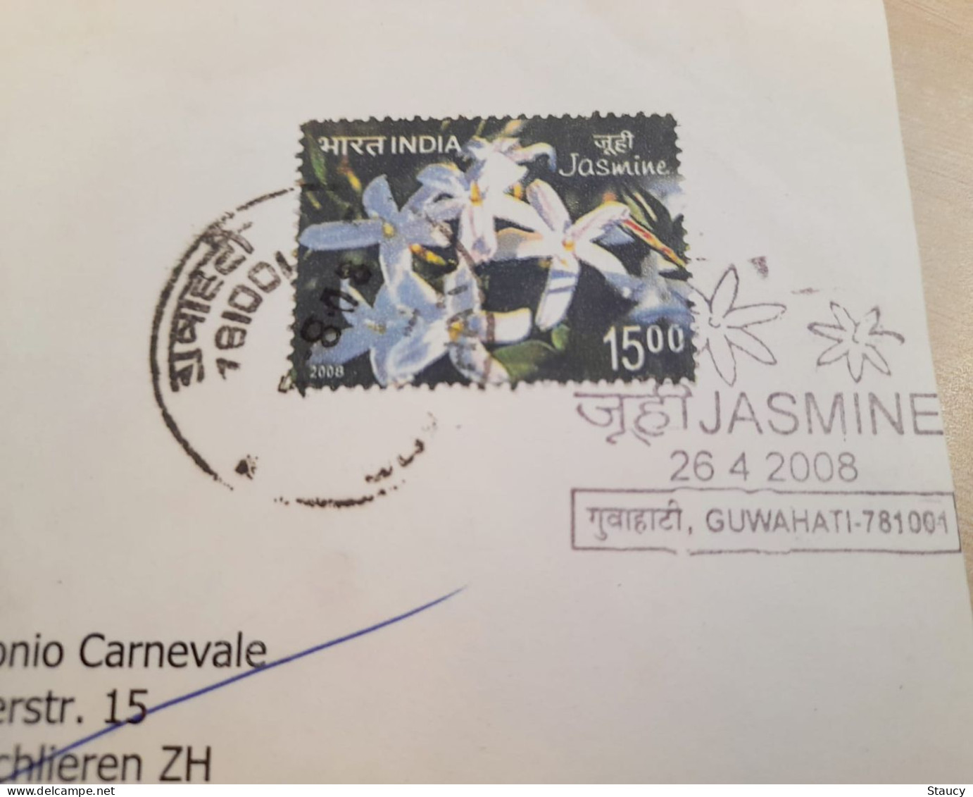 INDIA 2009 RETURN TO SENDER LABEL, AIR MAIL COVER TO SWITZERLAND, JASMINE FLOWER STAMP FIRST DAY CANCELLED, GUWAHATI - Poste Aérienne