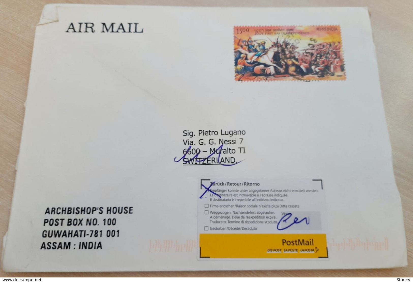 INDIA 2009 RETURN TO SENDER LABEL, AIR MAIL COVER TO SWITZERLAND, 1857 FIRST WAR OF INDEPENDENCE, GUWAHATI - Luftpost