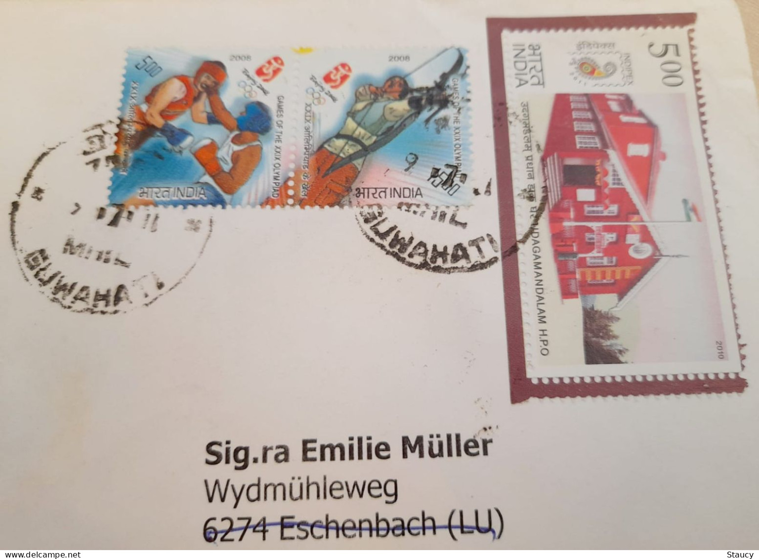 INDIA,2011,RETURN TO SENDER LABEL,AIR MAIL COVER TO SWITZERLAND,3 STAMPS-OLYMPIAD, POSTAL HERITAGE, GUWAHATI - Covers & Documents