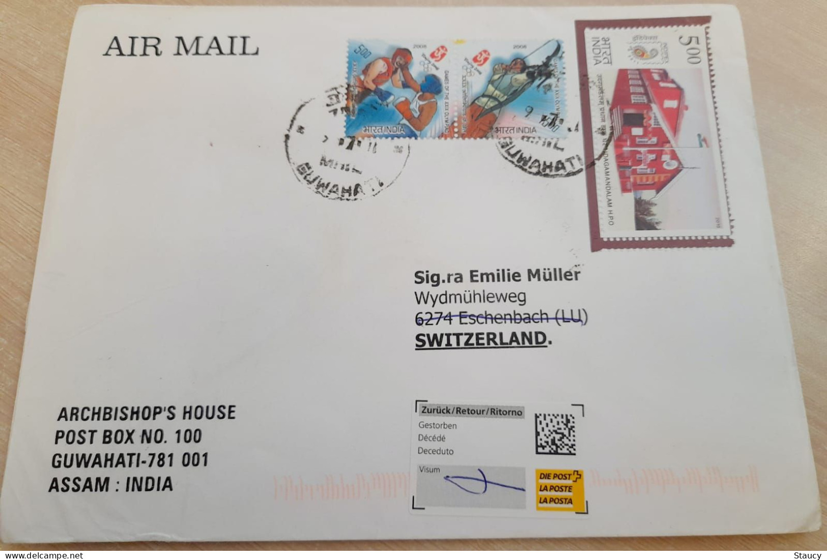 INDIA,2011,RETURN TO SENDER LABEL,AIR MAIL COVER TO SWITZERLAND,3 STAMPS-OLYMPIAD, POSTAL HERITAGE, GUWAHATI - Luftpost