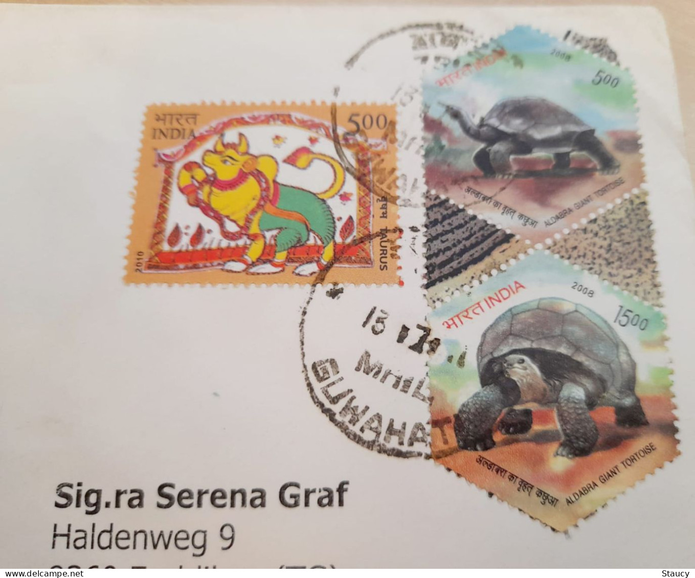 INDIA,2011,RETURN TO SENDER LABEL,AIR MAIL COVER TO SWITZERLAND,3 STAMPS,TORTOISE,ASTROLOGICAL SIGNS, GUWAHATI - Corréo Aéreo
