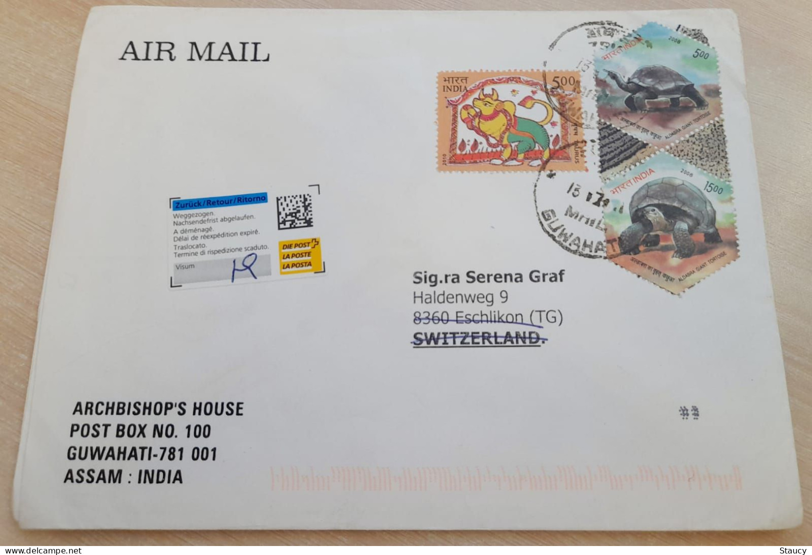 INDIA,2011,RETURN TO SENDER LABEL,AIR MAIL COVER TO SWITZERLAND,3 STAMPS,TORTOISE,ASTROLOGICAL SIGNS, GUWAHATI - Covers & Documents