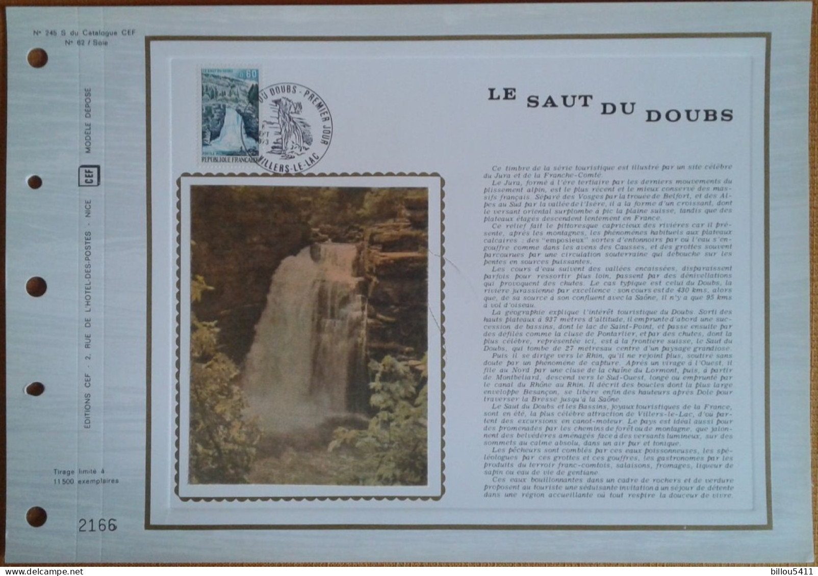 Document Philatélique 1er Jour Le Saut Du Doubs, Chute D'eau ;Cascade ,Villers-le-lac 8 Septembre 1973, CEF  Soie N°62 - Autres & Non Classés