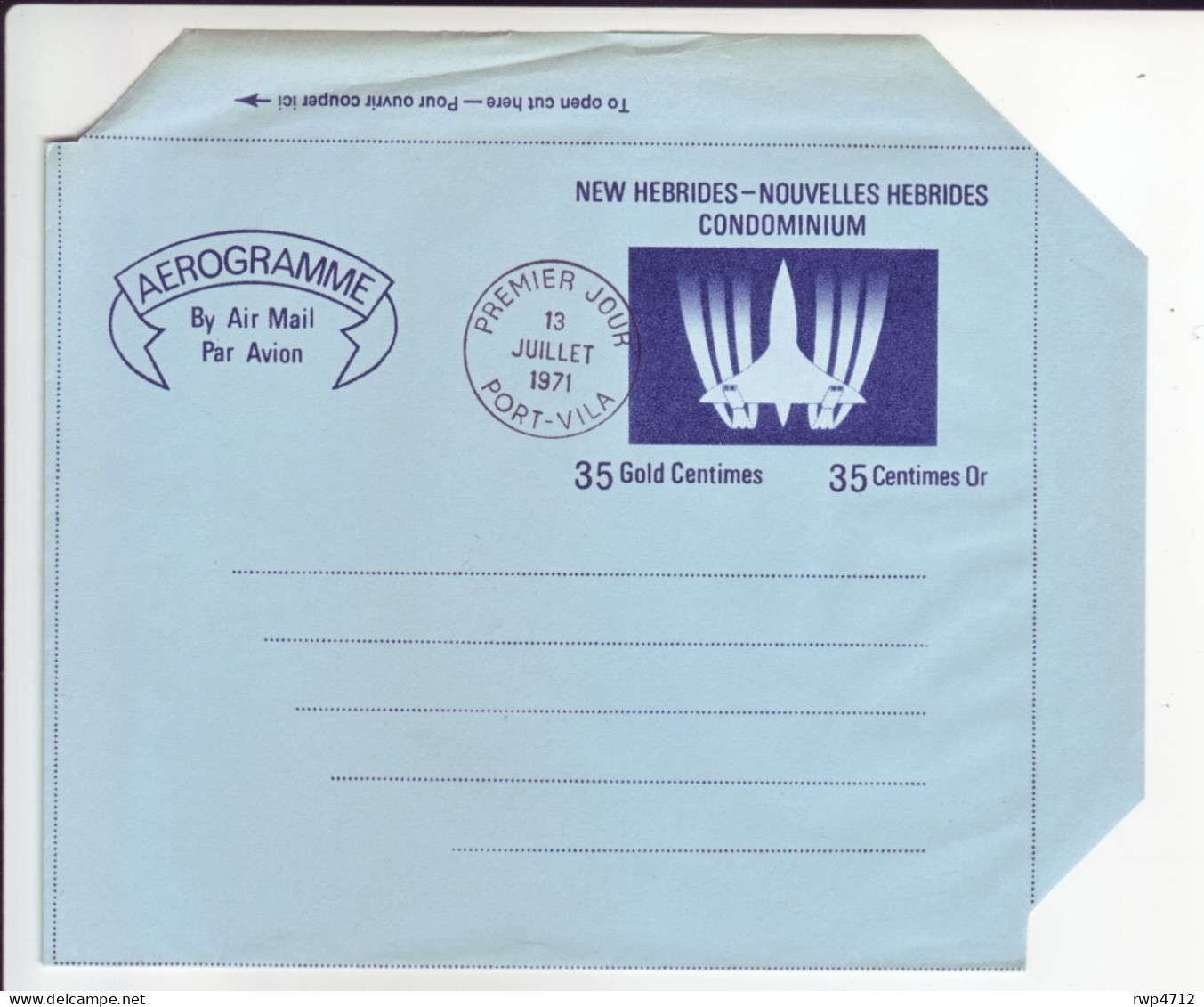 NOUVELLES HEBRIDES  NEW HEBRIDES   Aerogramme 35c  First Day 1971 - Covers & Documents