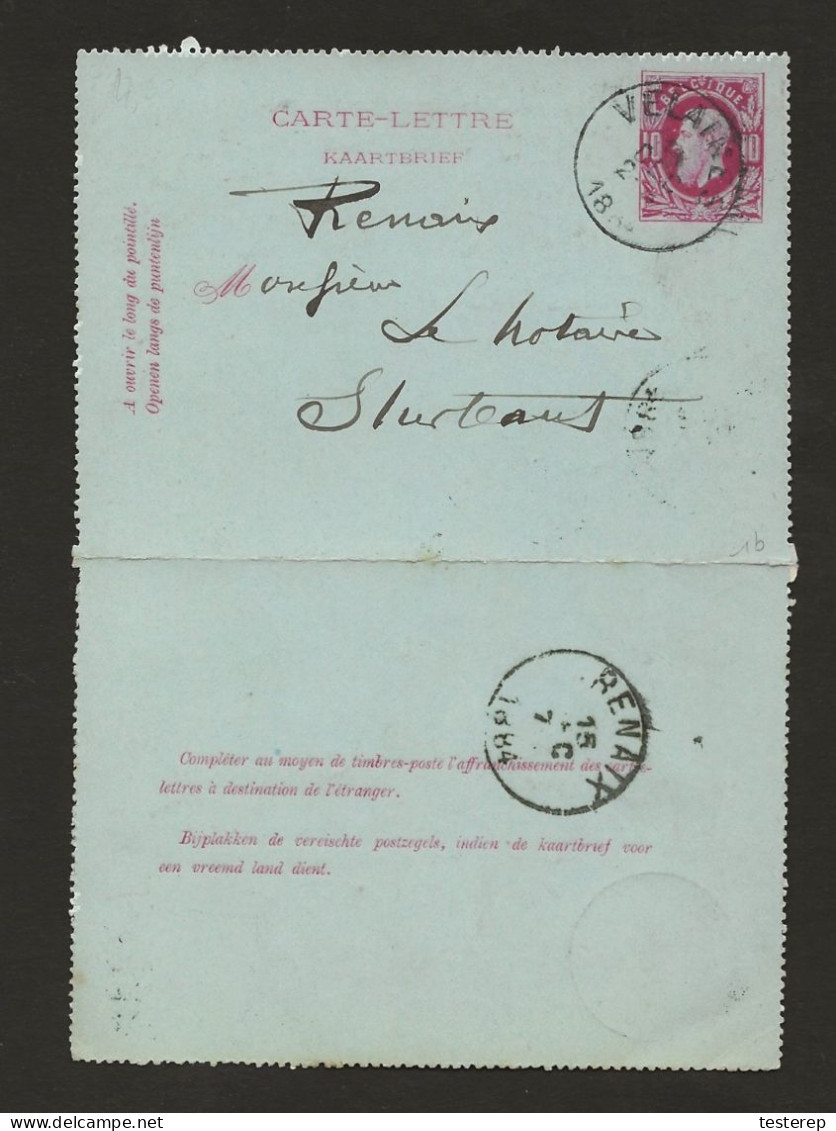 CARTE-LETTRE / KAARTBRIEF 10 Ct Rouge De VELAINES 1884 Vers RENAIX - Enveloppes-lettres