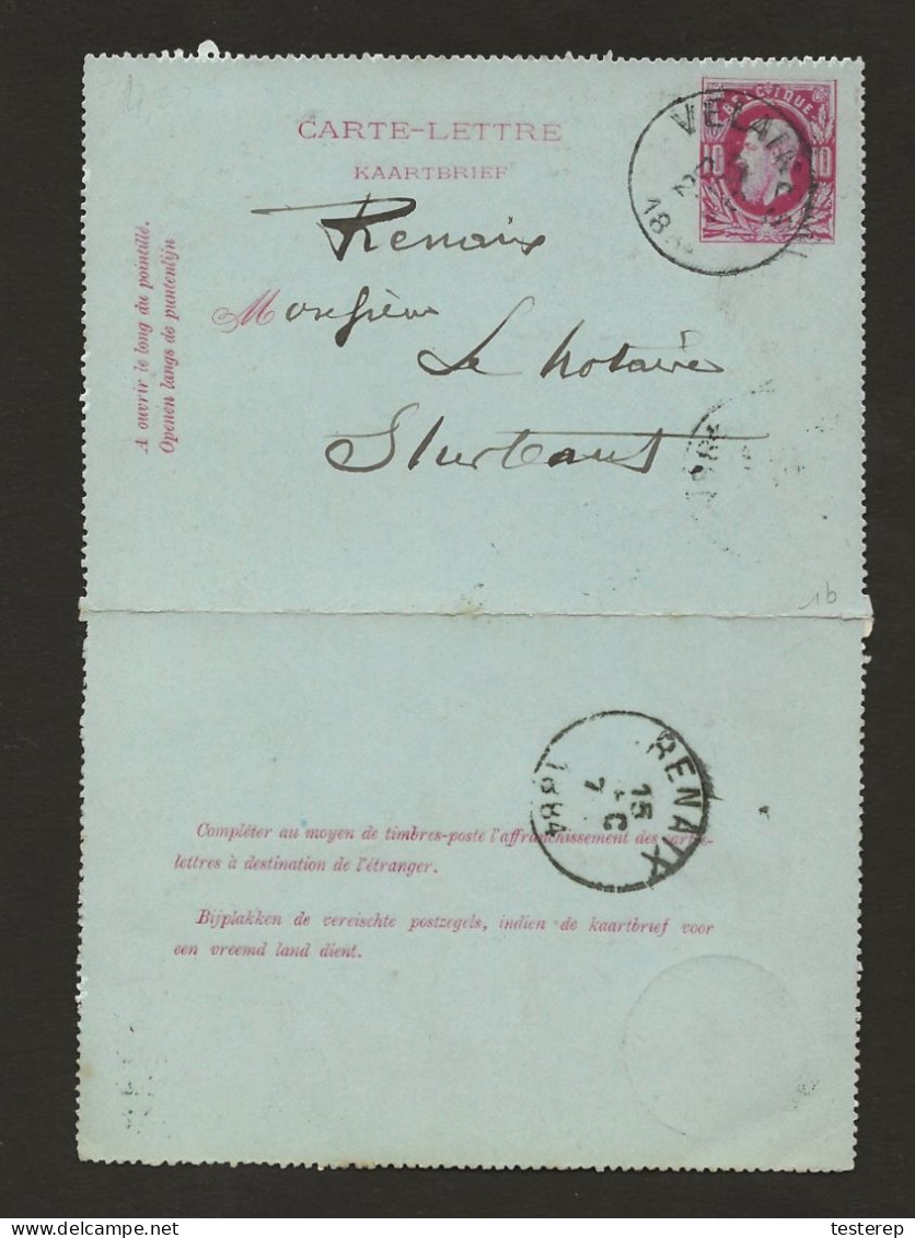 CARTE-LETTRE / KAARTBRIEF 10 Ct Rouge De VELAINES 1884 Vers RENAIX - Briefumschläge