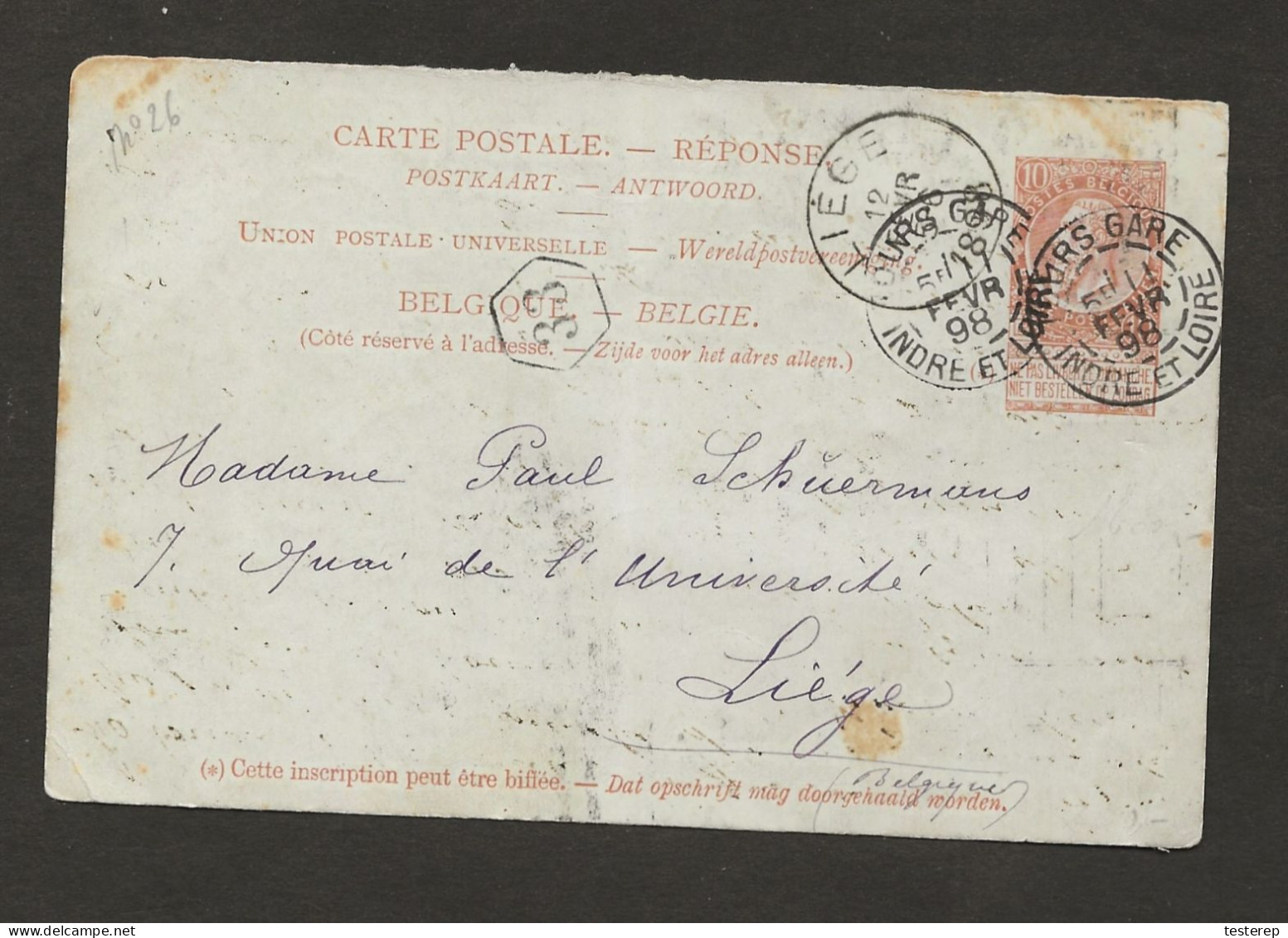 CARTE POSTALE 10 Ct Brun Réponse De France 1898 Vers Liège - Cartes Avec Réponse Payée