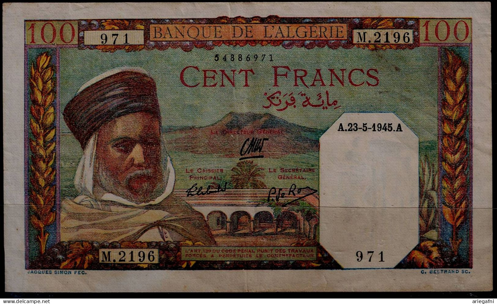 FRENCH ALGERIA  1940-41 BANKNOTE 100 FRANCS VF!! - Algerien