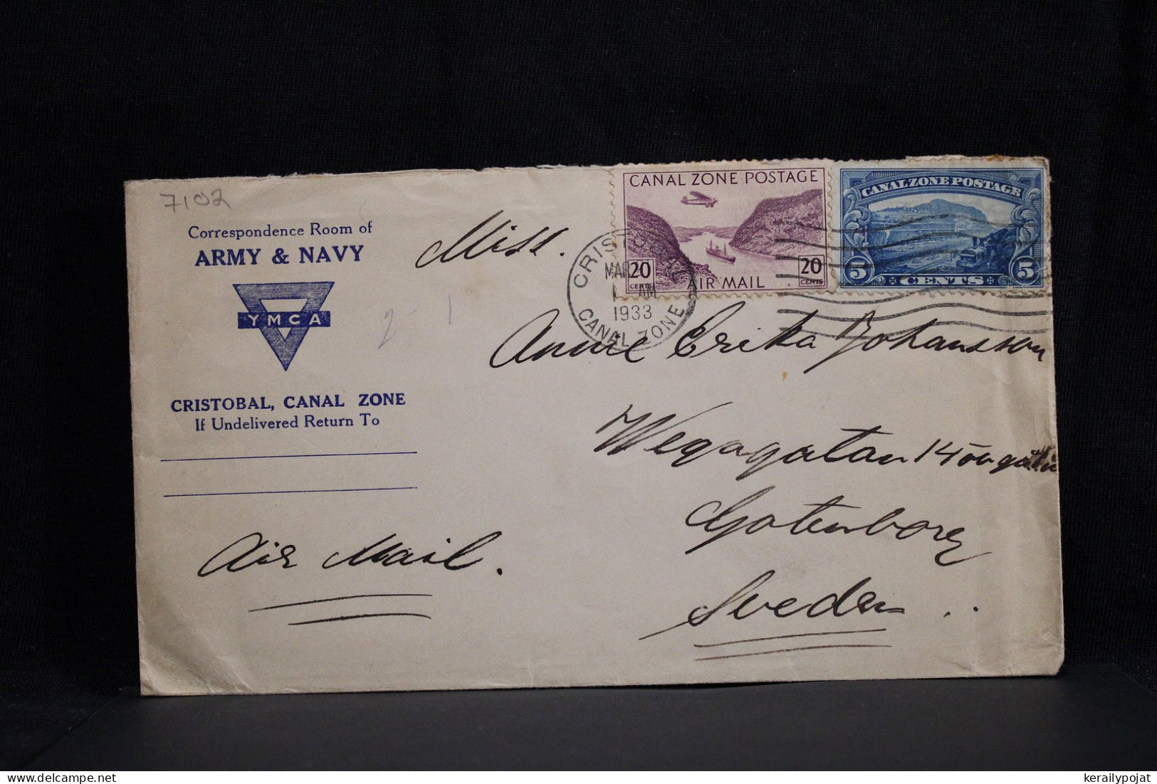 Canal Zone 1933 Cristobal Air Mail Cover To Sweden__(7102) - Canal Zone