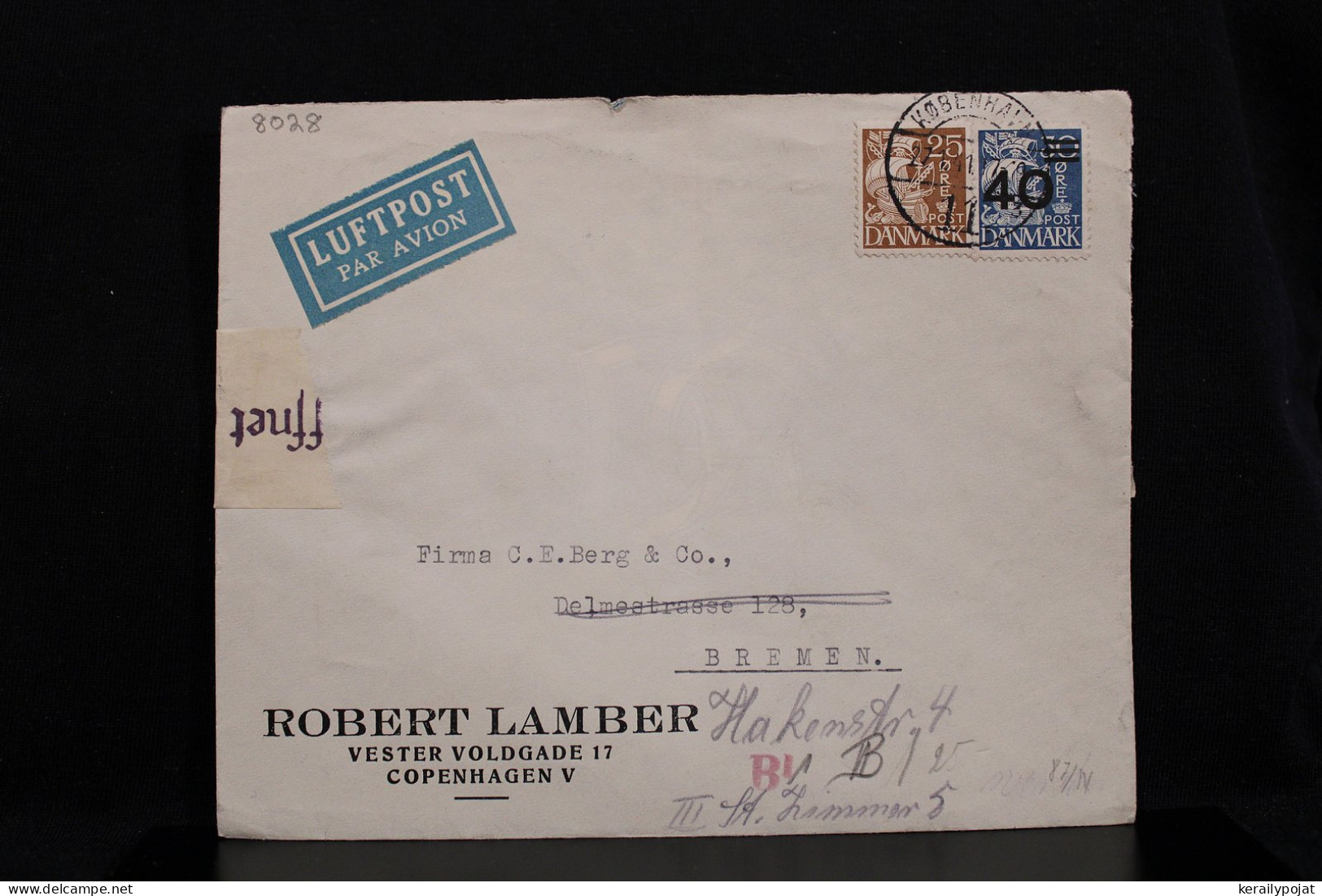 Denmark 1941 Köbenhavn Censored Air Mail Cover To Germany__(8028) - Poste Aérienne