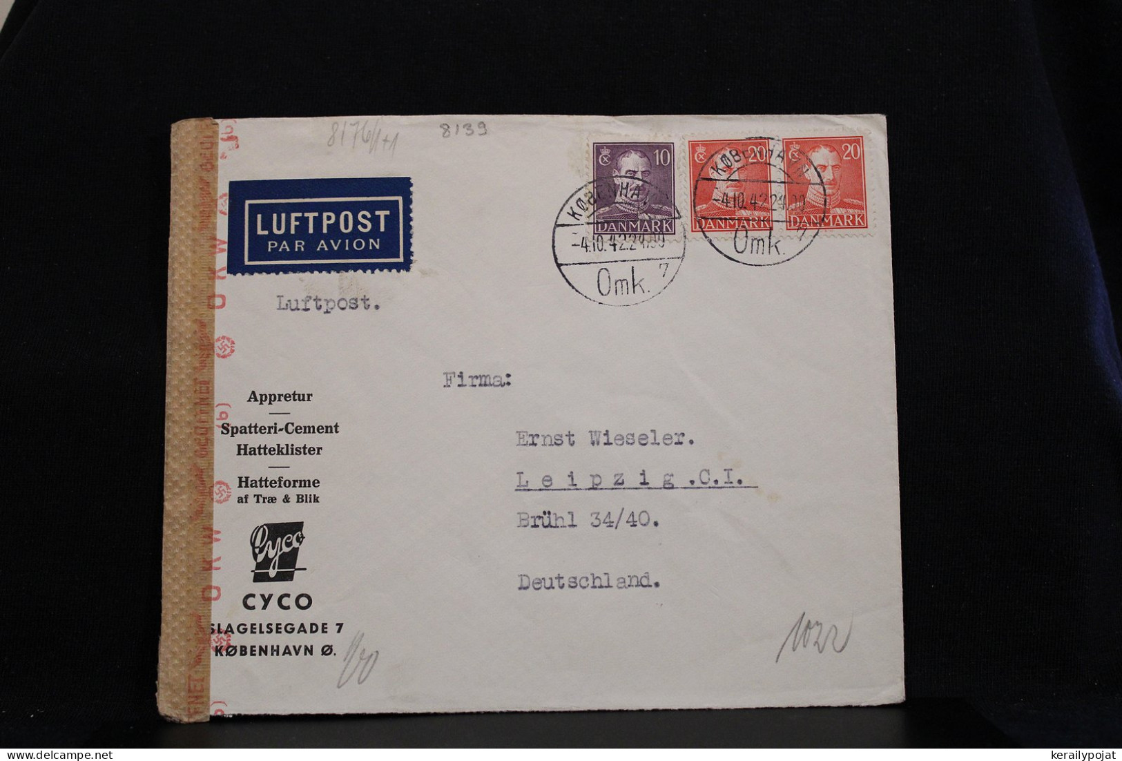 Denmark 1942 Köbenhavn Censored Air Mail Cover To Leipzig Germany__(8139) - Poste Aérienne