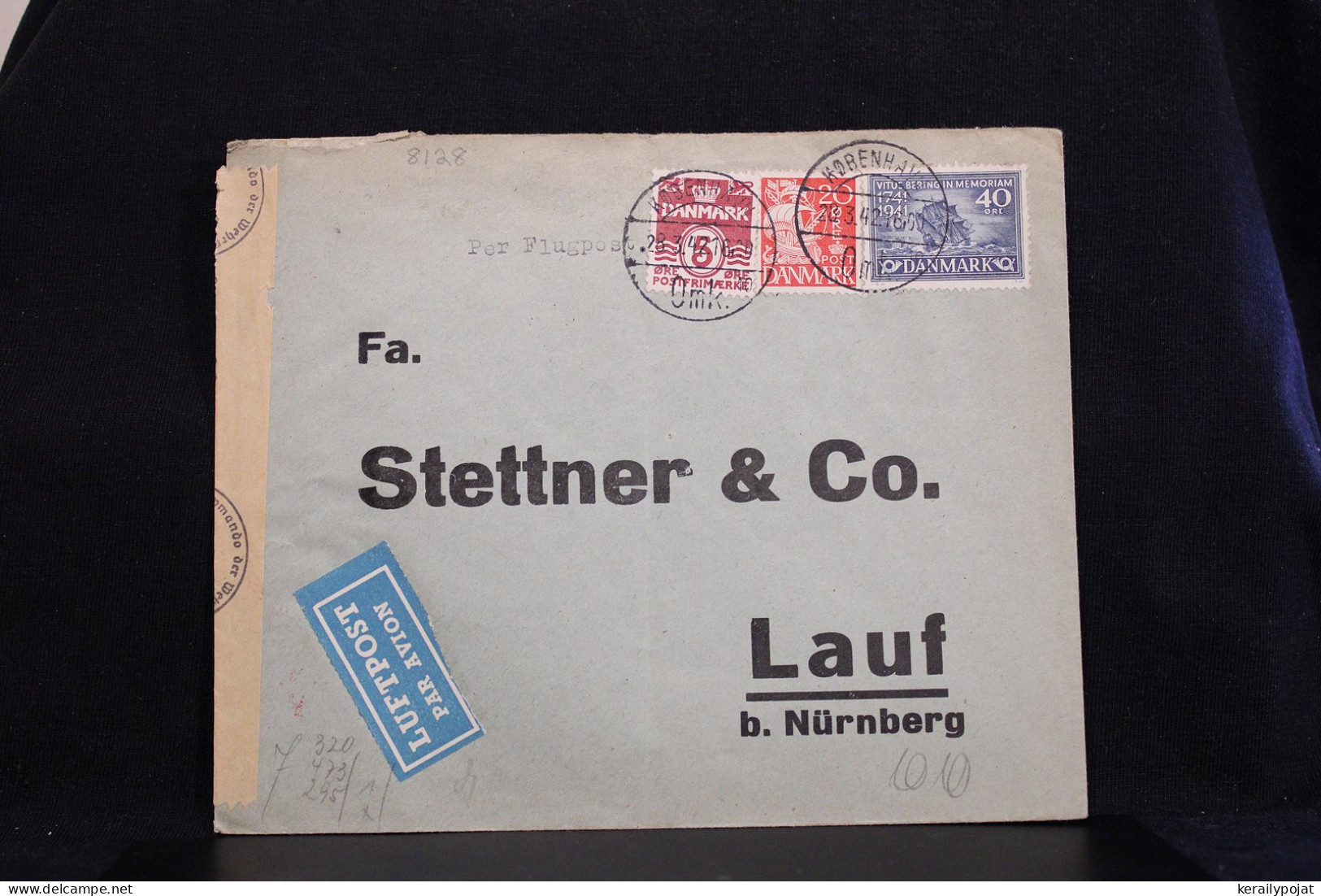 Denmark 1942 Köbenhavn Censored Air Mail Cover To Nurnberg Germany__(8128) - Poste Aérienne