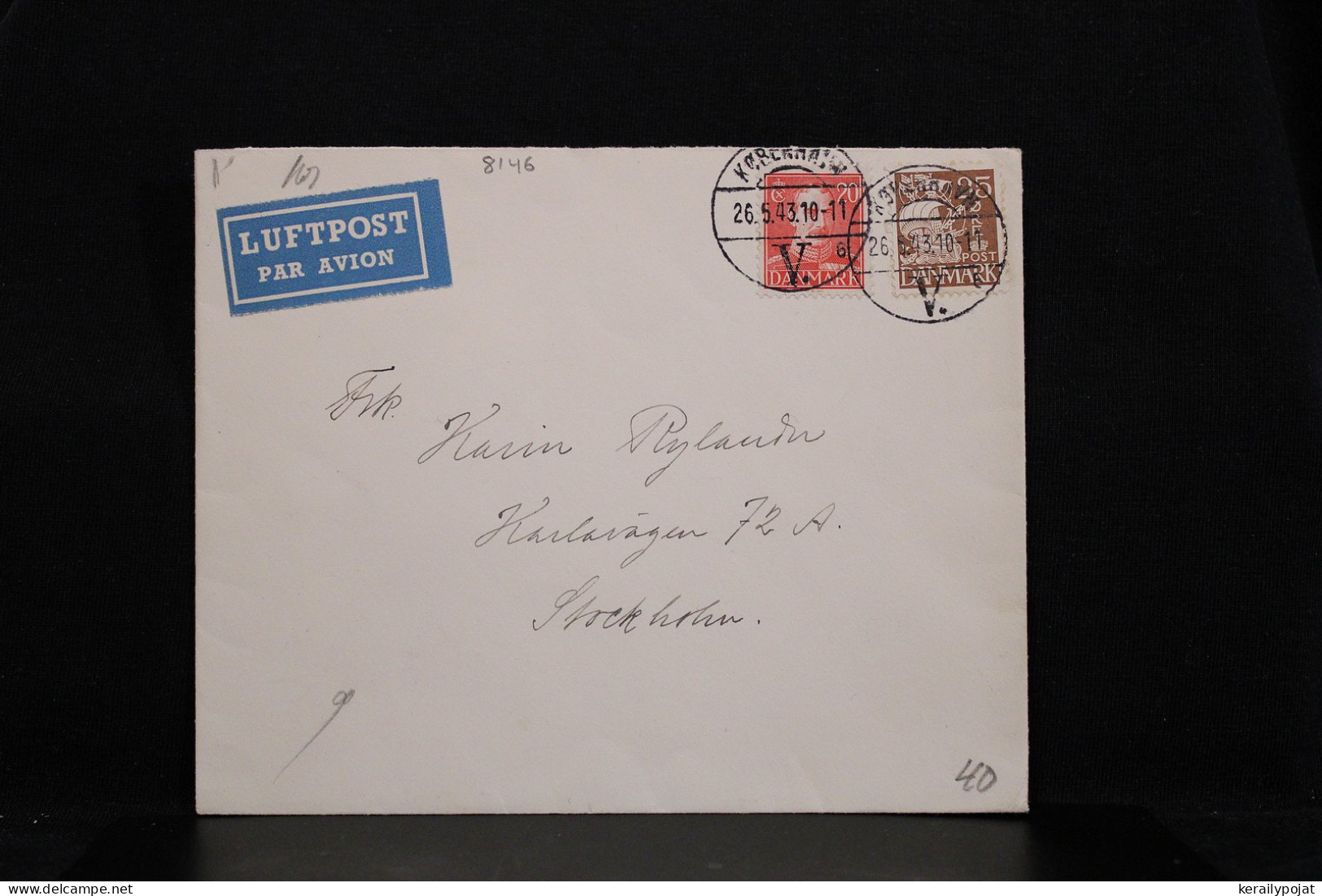 Denmark 1943 Köbenhavn Censored Air Mail Cover To Sweden__(8146) - Airmail