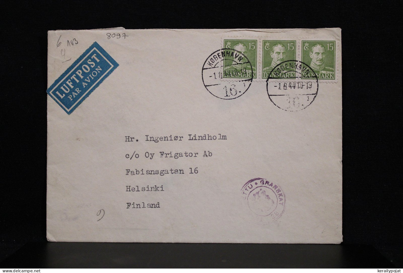 Denmark 1944 Köbenhavn Censored Air Mail Cover To Finland__(8097) - Luftpost