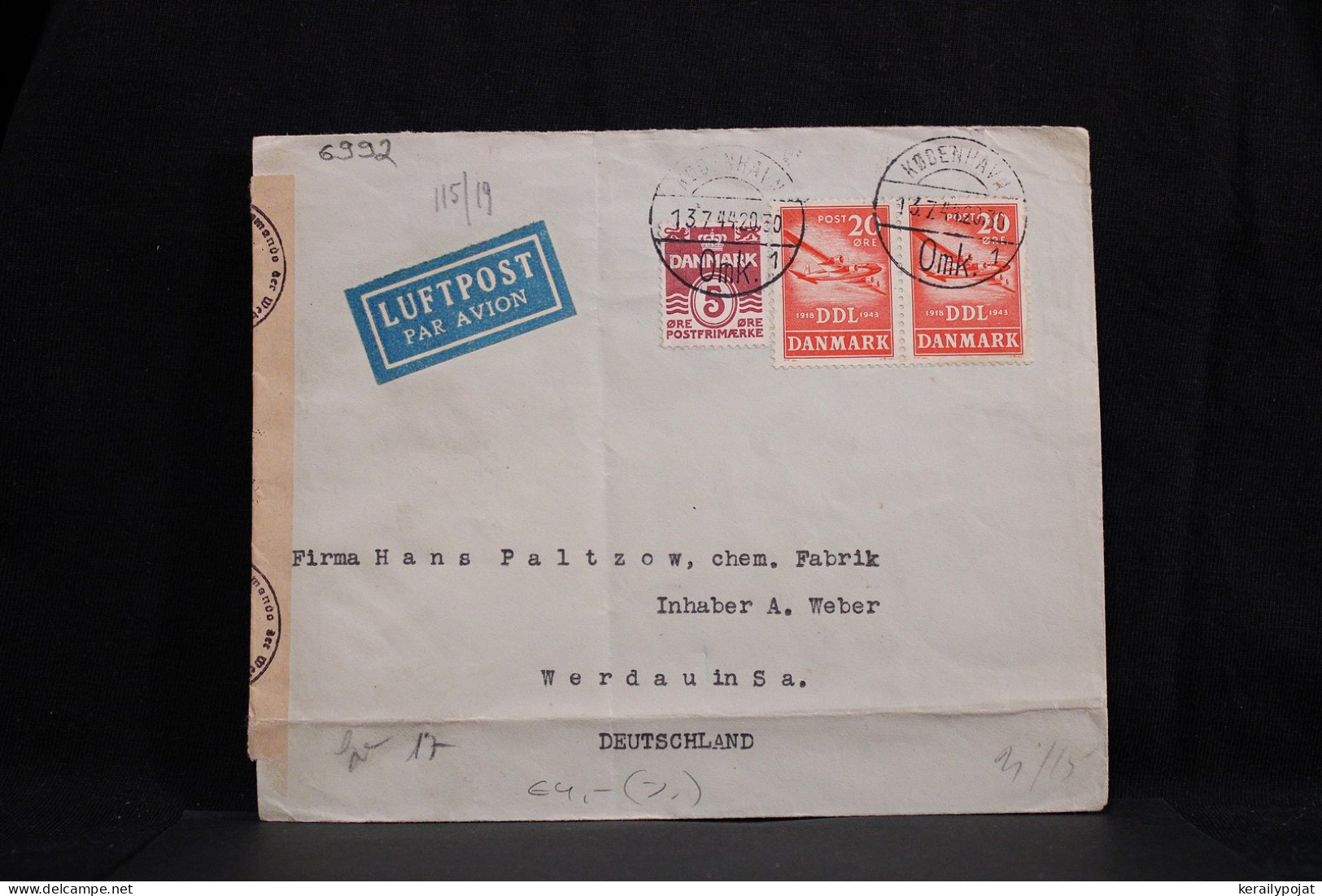 Denmark 1944 Köbenhavn Censored Air Mail Cover To Germany__(6992) - Poste Aérienne