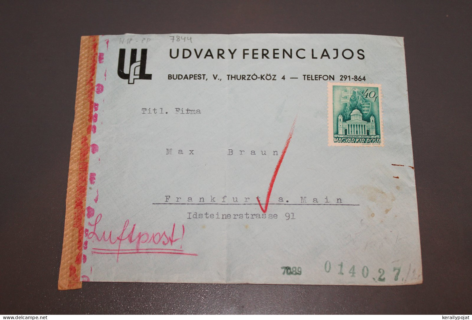 Hungary 1940's Censored Air Mail Cover To Frankfurt Germany__(7844) - Cartas & Documentos