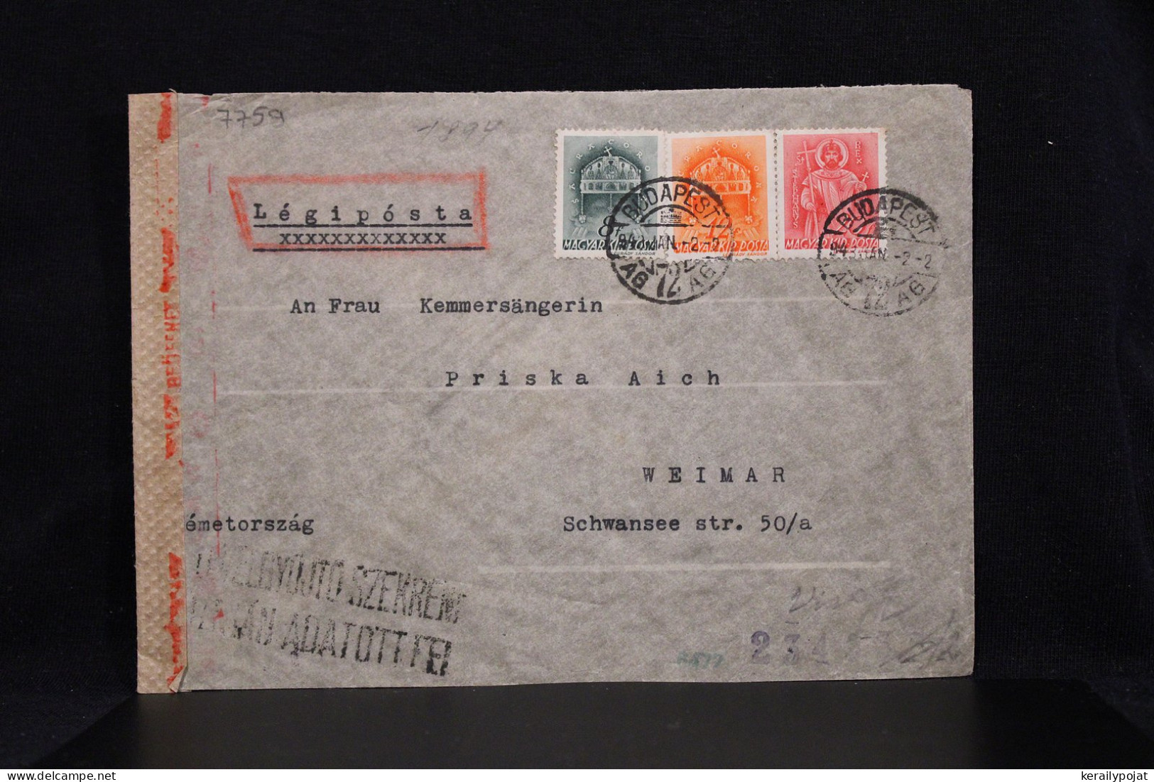 Hungary 1943 Budapest Censored Air Mail Cover To Weimar Germany__(7759) - Covers & Documents