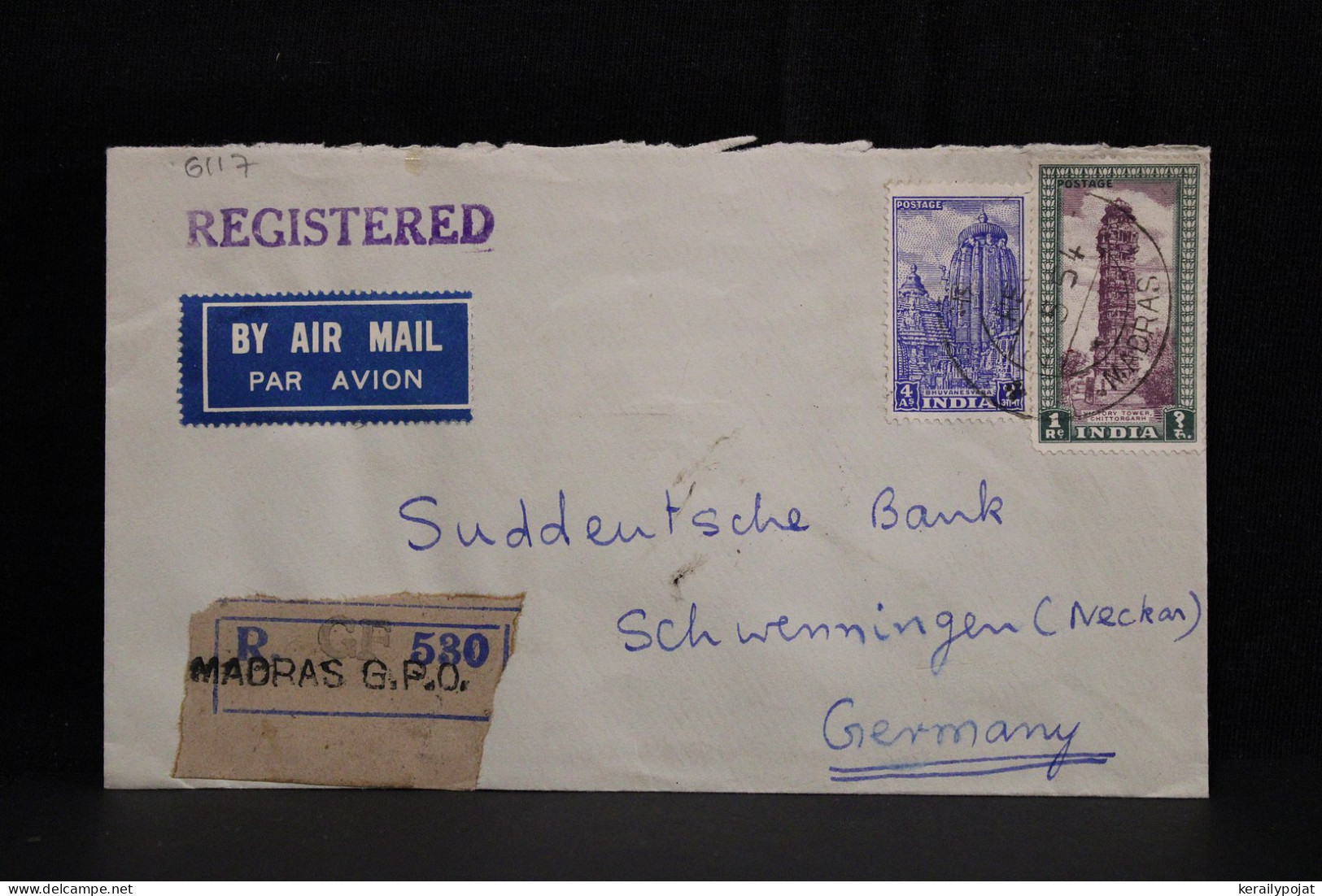 India 1954 Madras Registered Air Mail Cover To Germany__(6117) - Corréo Aéreo