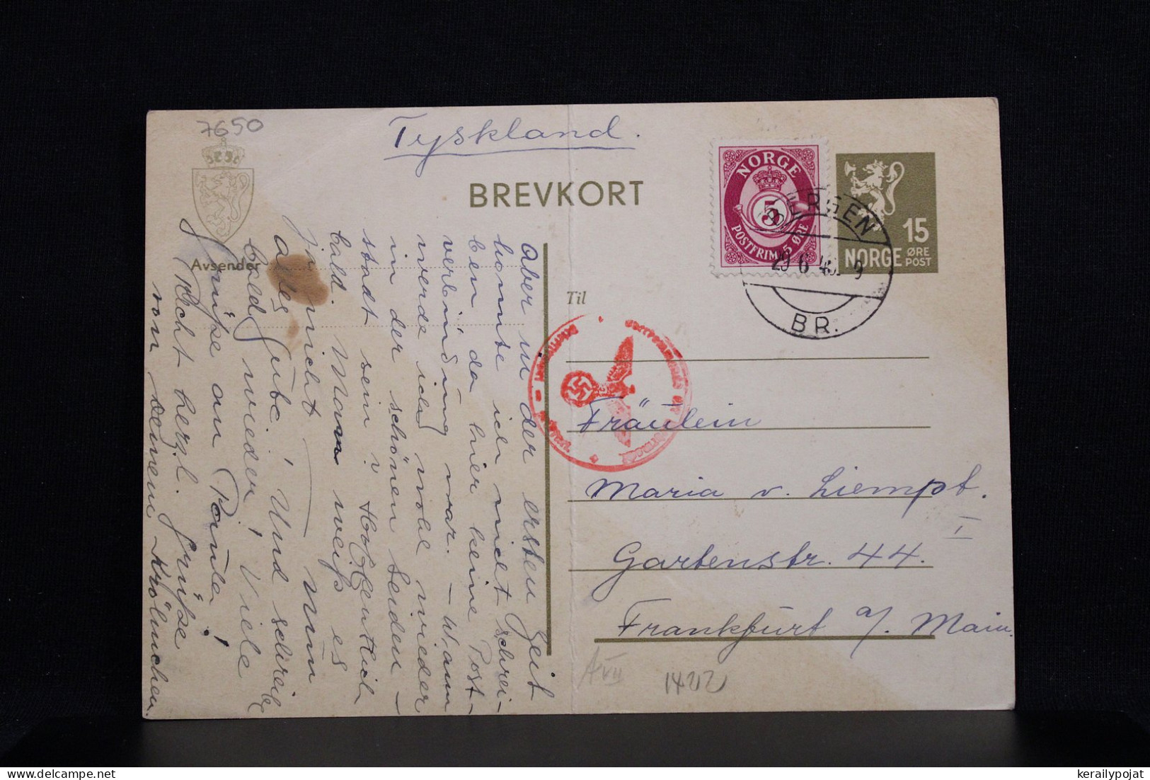 Norway 1940 Bergen Censored Stationery Card To Germany__(7650) - Ganzsachen