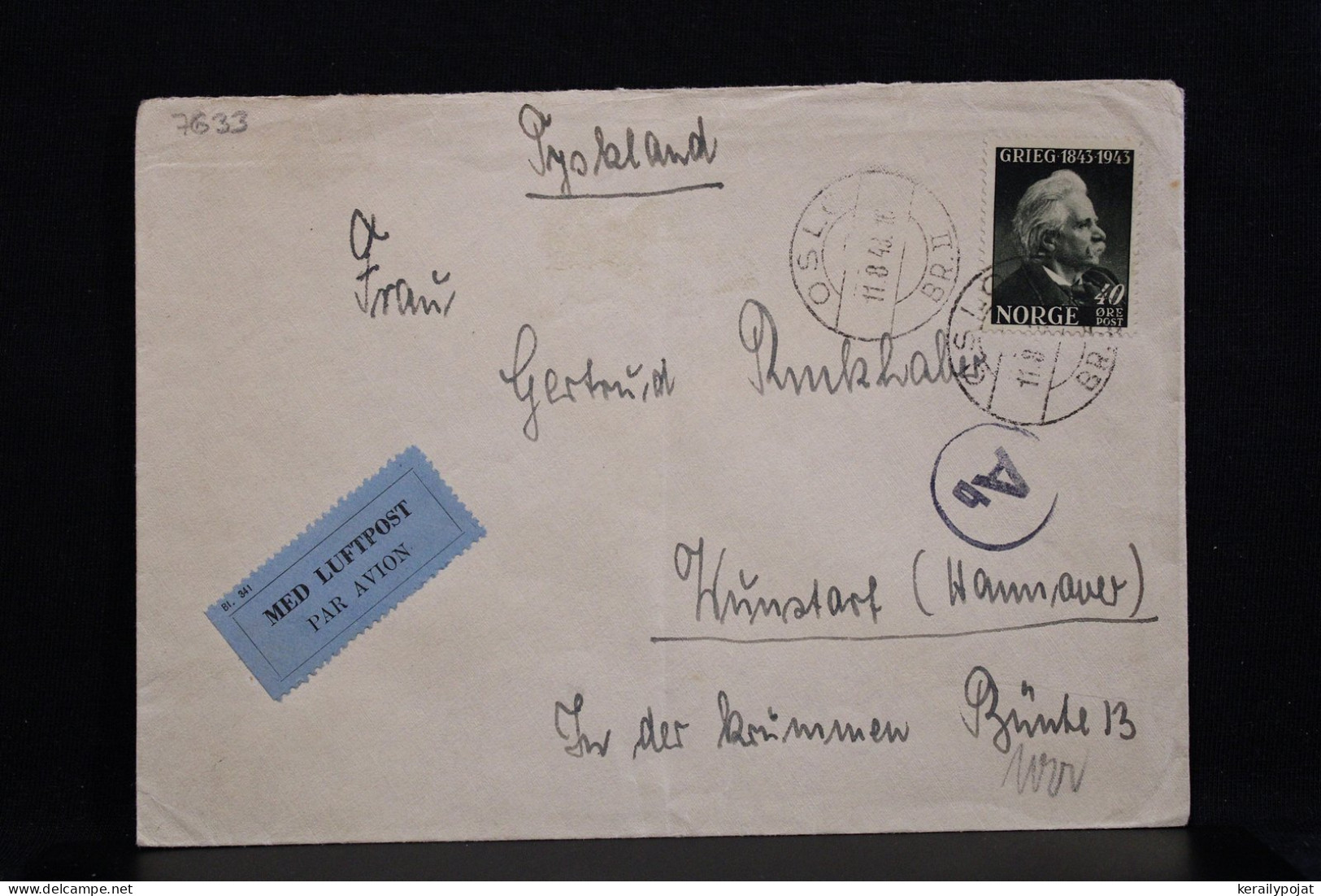 Norway 1943 Oslo Censored Air Mail Cover To Hannover Germany__(7633) - Briefe U. Dokumente