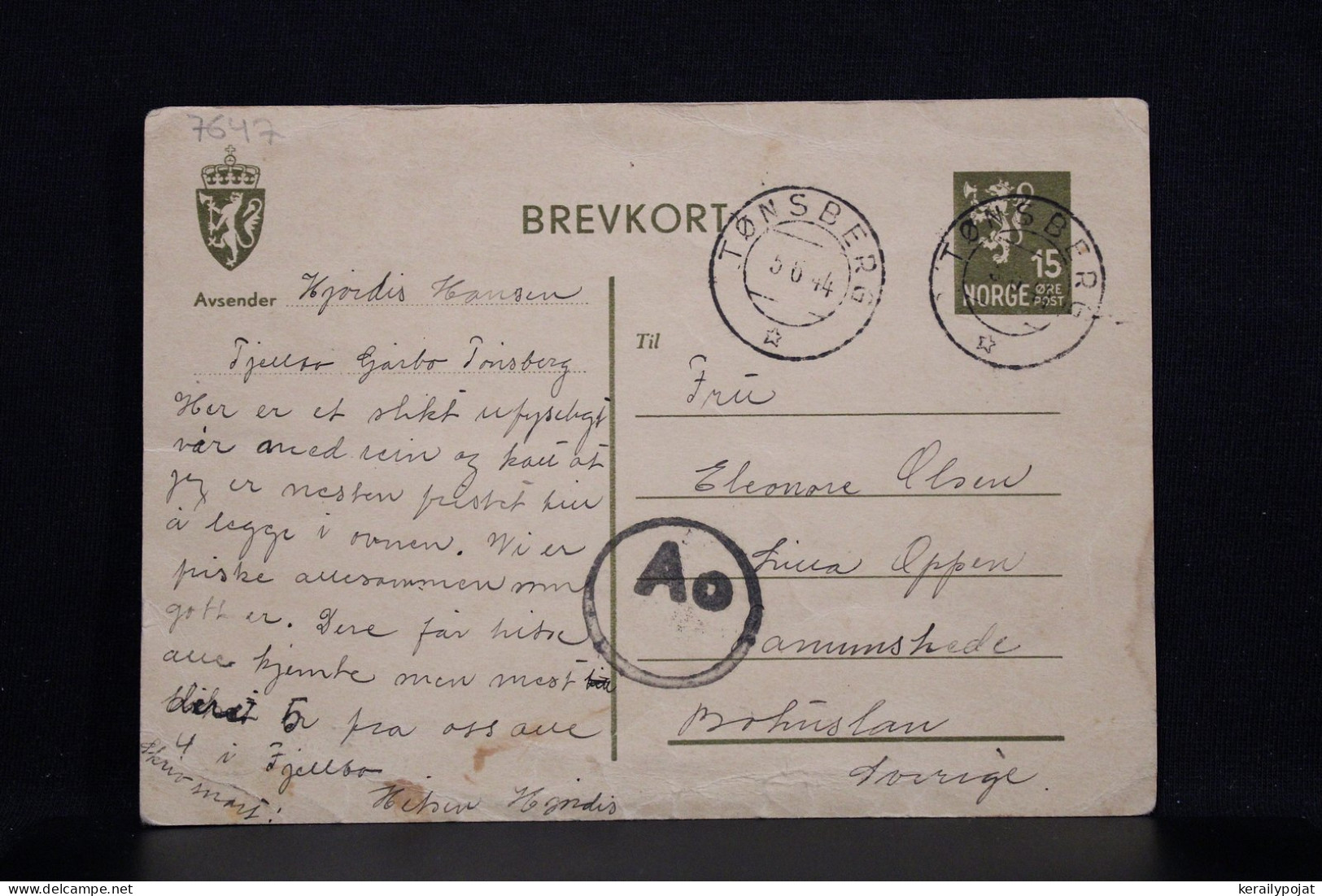 Norway 1944 Tonsberg Censored Stationery Card To Sweden__(7647) - Ganzsachen