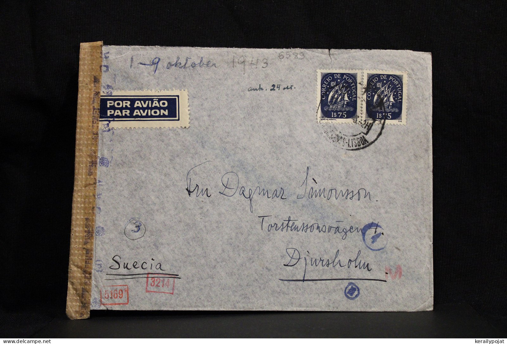 Portugal 1943 Censored Air Mail Cover To Sweden__(6589) - Covers & Documents