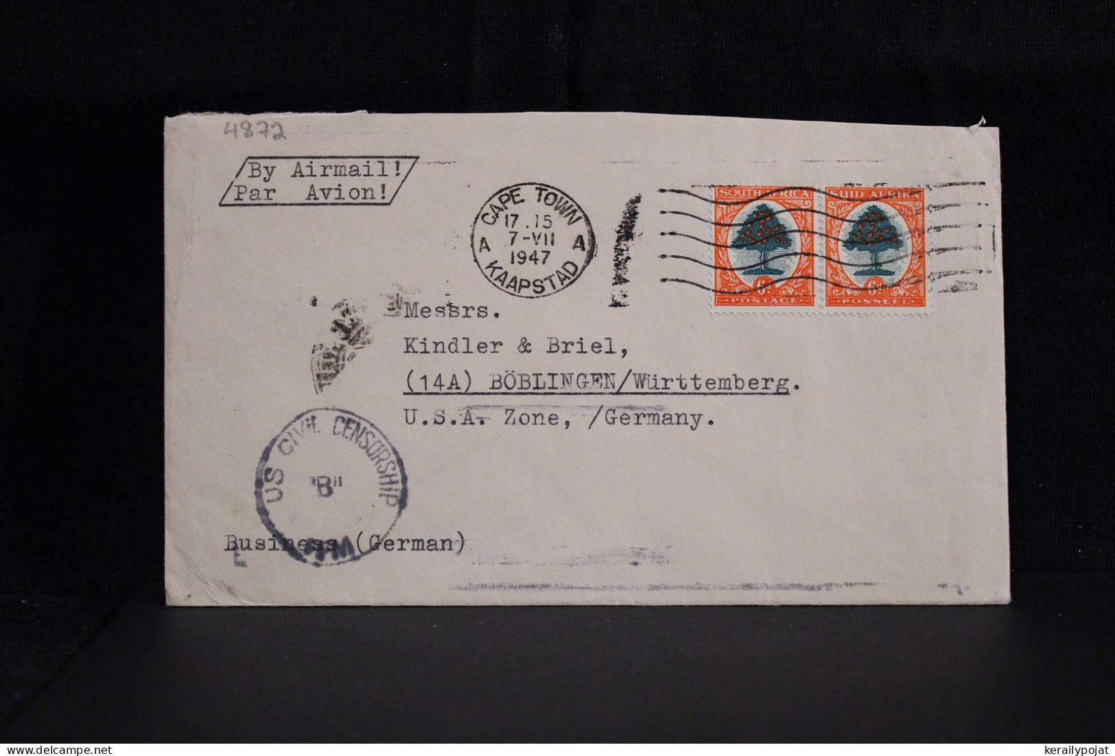 South Africa 1947 Cape Town Censored Air Mail Cover To Germany US Zone__(4872) - Luftpost