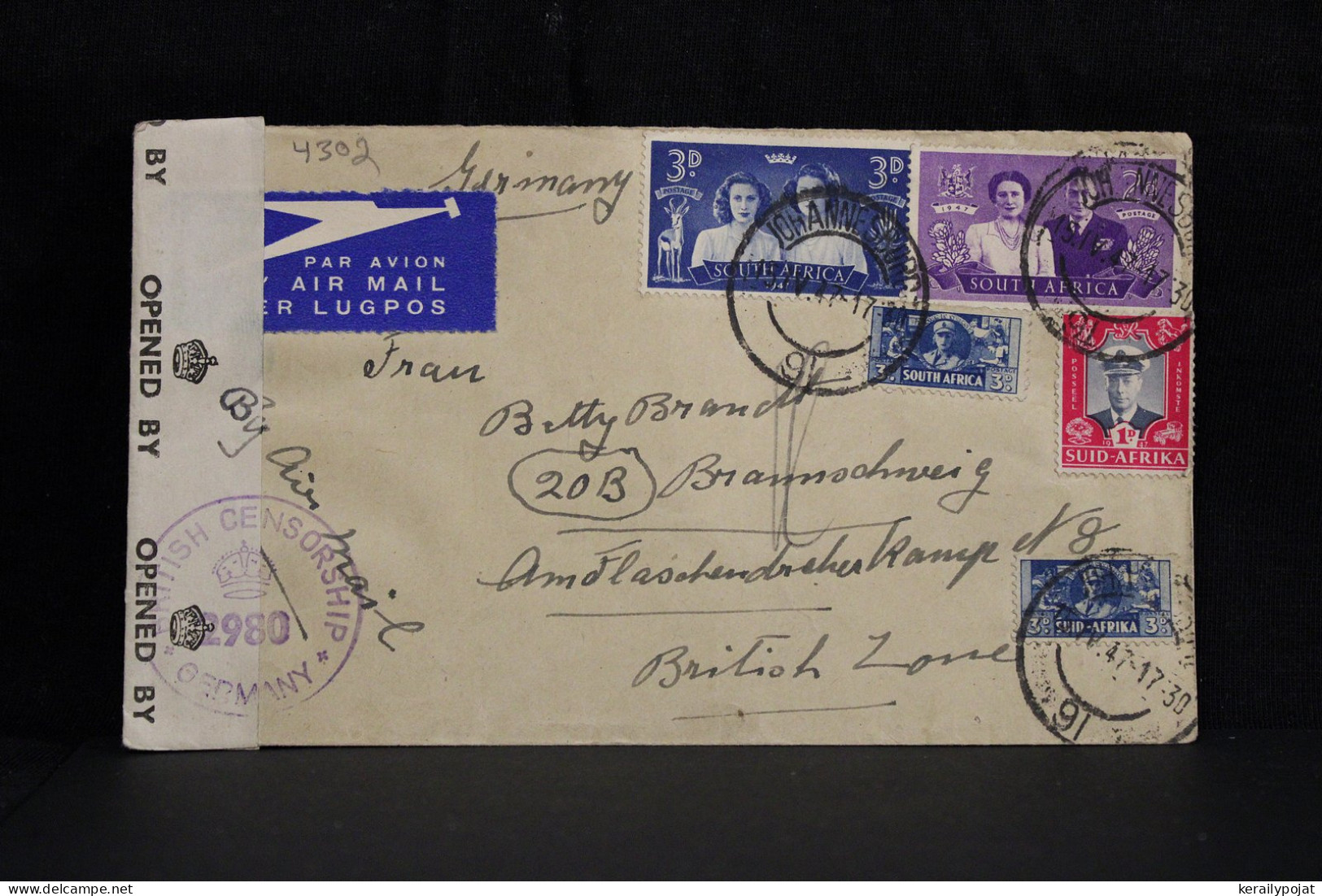 South Africa 1947 Johannesburg Censored Air Mail Cover To Germany British Zone__(4302) - Airmail