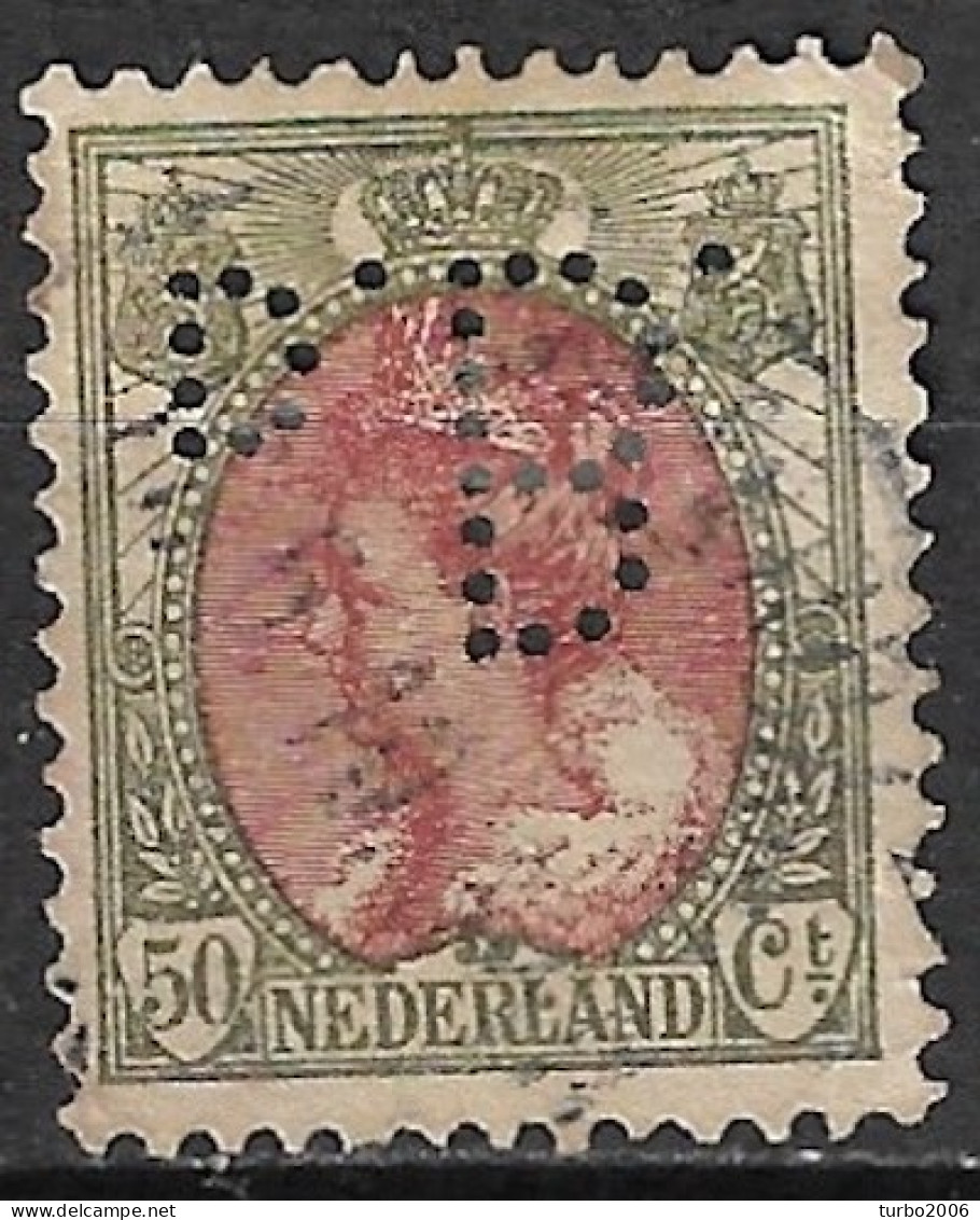 Perfin D.B. J.H. De Bussy Amsterdam (kopstaand) Op 1899-1921 Koningin Wilhelmina 50 Cent Bruin / Groen NVPH 74 - Gezähnt (perforiert)