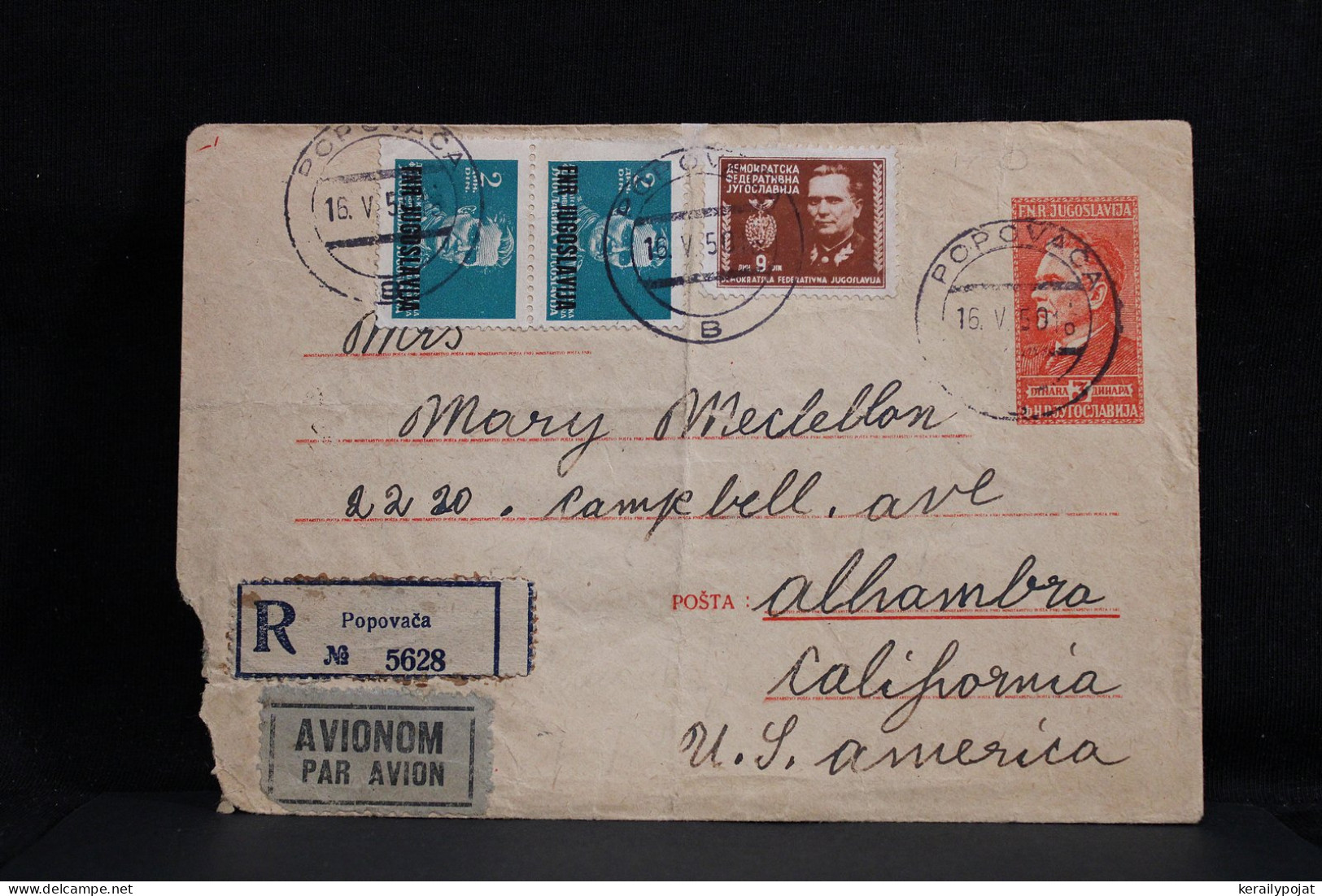 Yugoslavia 1950 Popovaca Registered Air Mail Cover To USA__(6440) - Luftpost