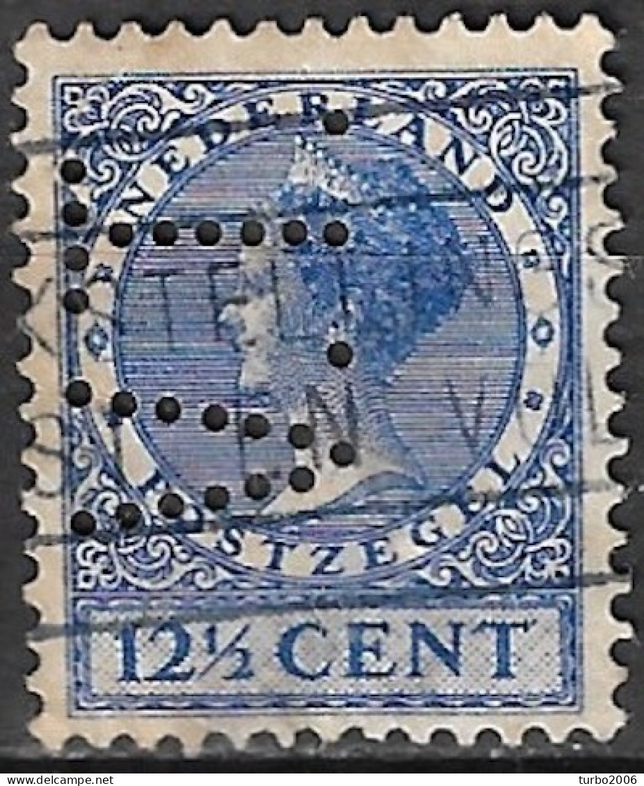 Perfin V.T. (N.V. C.G. Van Tubbergen's Bloembollen- En Zaadhandel) In 1938 Wilhelmina Type Veth 12½ Ct Blauw NVPH 185 - Gezähnt (perforiert)