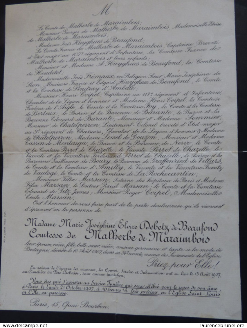 AVIS DE DECES -  MADAME MARIE JOSEPHINE ELOIRE DEBETZ De BEAUFOND COMTESSE DE MALHERBE De MARAIMBOIS - 1907 - Obituary Notices