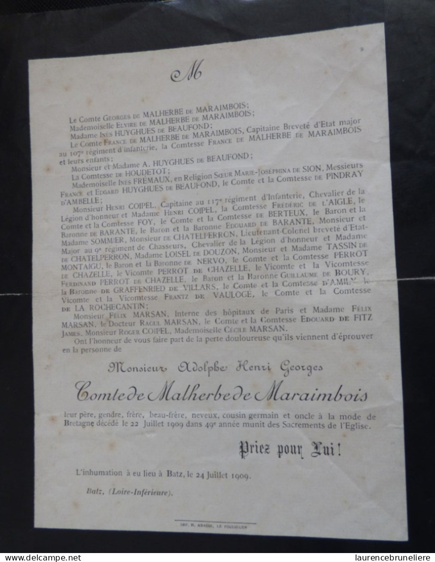 AVIS DE DECES -  MONSIEUR ADOLPHE HENRI GEORGES  COMTE DE MALHERBE DE MARAIMBOIS - 1907 - Obituary Notices