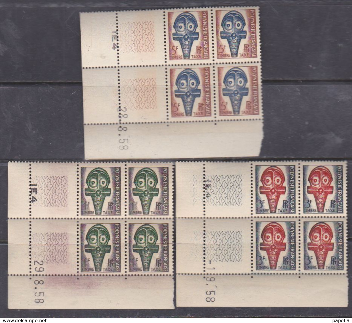 Polynésie Taxe N° 1 / 3 XX Masques, Les 3 Valeurs En  Bloc De 4 Coin Daté Des 28, 29 .8 Et 1 . 9 . 58, Sans Ch., TB - Timbres-taxe