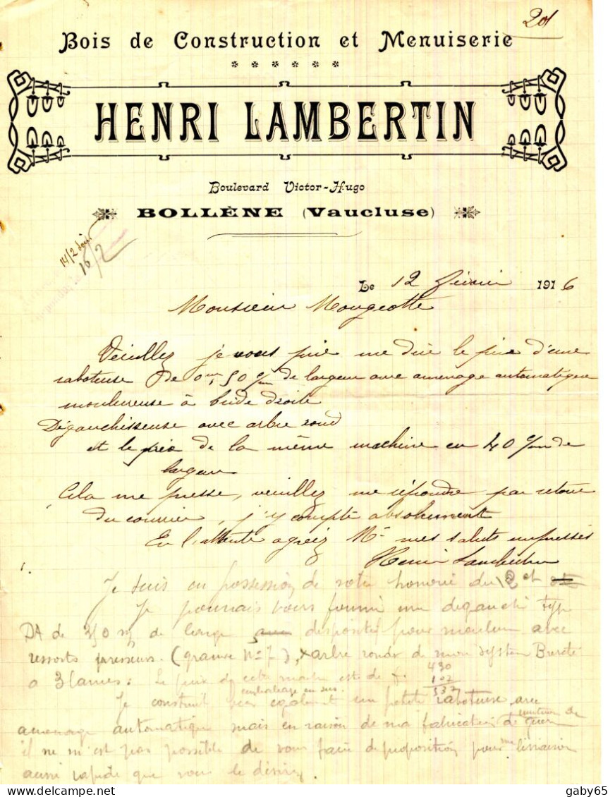 FACTURE.84.VAUCLUSE.BOLLENE.BOIS DE CONSTRUCTION & MENUISERIE. H.LAMBERTIN BOULEVARD VICTOR HUGO. - Straßenhandel Und Kleingewerbe