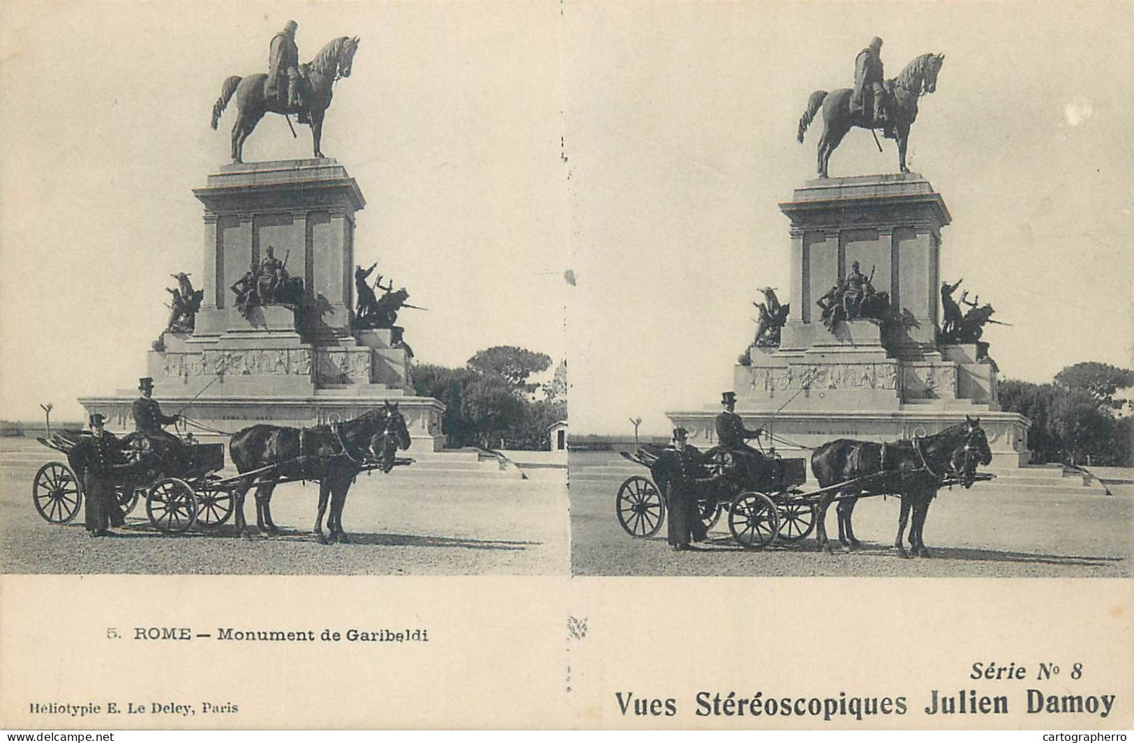 Stereographic Image ( Julien Damoy ) Postcard Italy Rome Monument De Garibaldi Carriage - Altare Della Patria