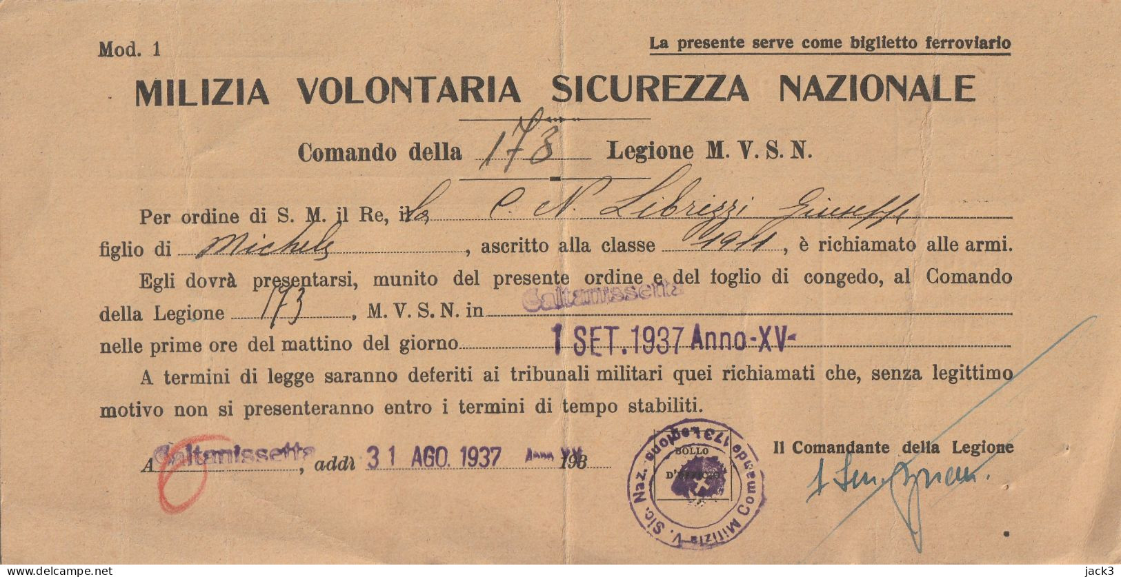 BIGLIETTO FERROVIARIO - MILIZIA VOLONTARIA SICUREZZA NAZIONALE - Comando 178esima Legione  1937 - Europa