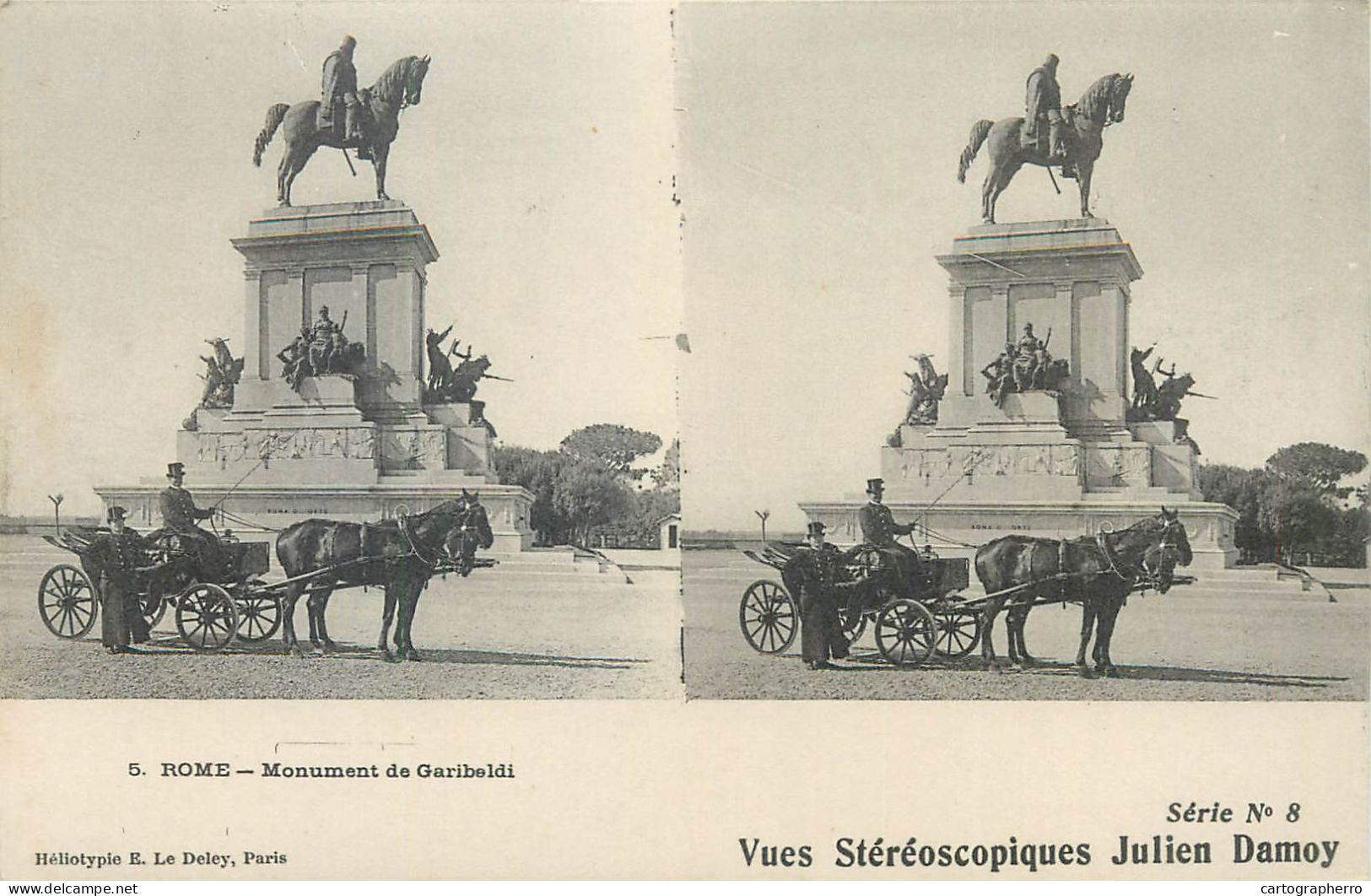 Stereographic Image ( Julien Damoy ) Postcard Italy Rome Monument De Garibaldi Carriage - Altare Della Patria