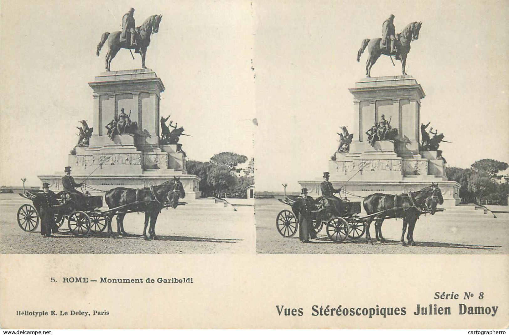 Stereographic Image ( Julien Damoy ) Postcard Italy Rome Monument De Garibaldi Carriage - Altare Della Patria