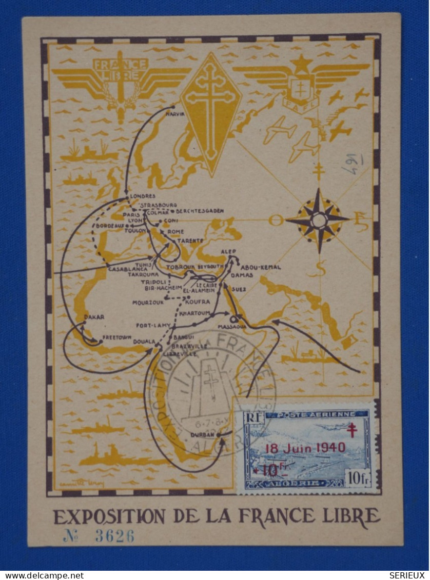 AY19  ALGERIE   BELLE  CARTE  1947  EXPO FRANCE LIBRE +PA N° 7 +  AFFR. PLAISANT+ + - Airmail