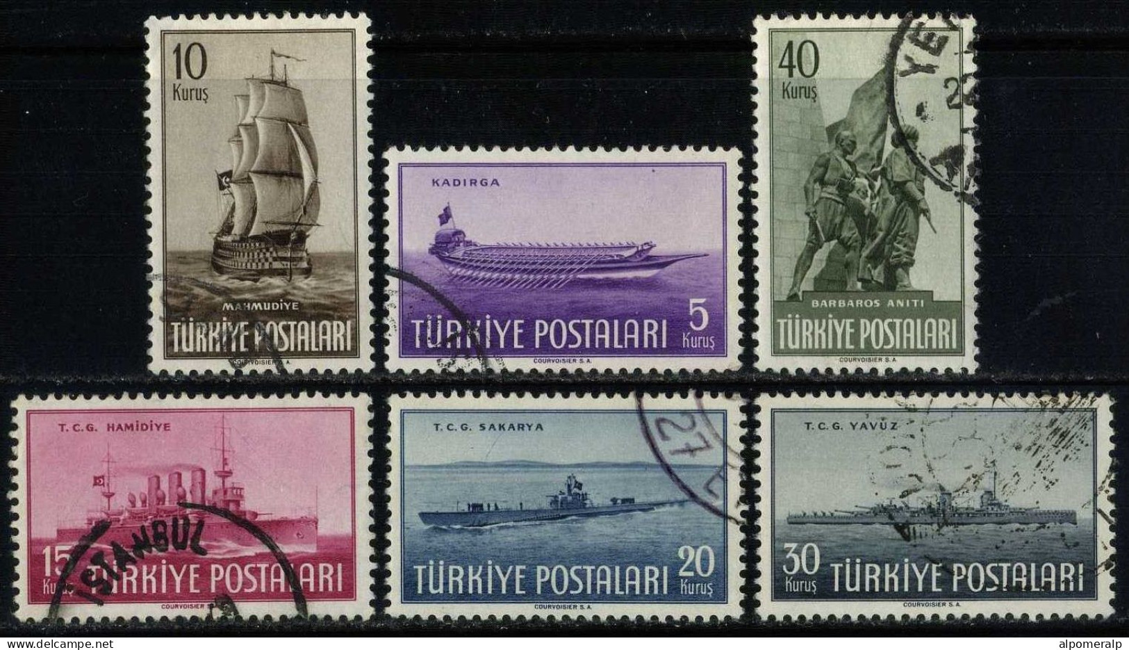 Türkiye 1949 Mi 1235-1240 Fleet Day | Turkish Galley, Frigate, Small Cruiser, Submarine, Battlecruiser, Barbarossa - Gebruikt