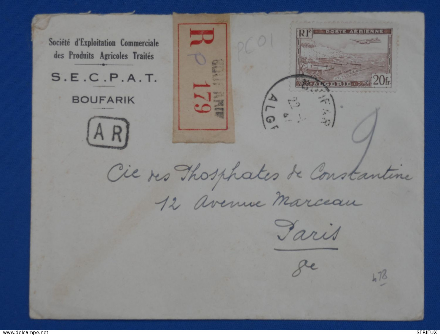 AY19  ALGERIE   BELLE  LETTRE RECO. 1947 PETIT BUREAU BOUFARIK   A PARIS FRANCE +PA 20F  AFFR. PLAISANT+ + - Luchtpost