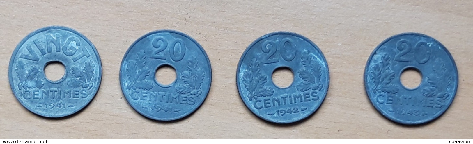 4 PIÈCES: 20 CENTIMES (1941(VINGT)  , 1941, 1942, 1943 ETAT FRANÇAIS) - 20 Centimes