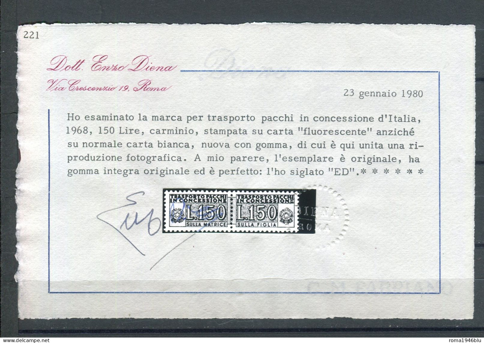 REPUBBLICA 1968  PACCHI IN CONCESSIONE 150 L.  SU CARTA FLUORESCENTE **MNH CERT. DIENA - Pacchi In Concessione