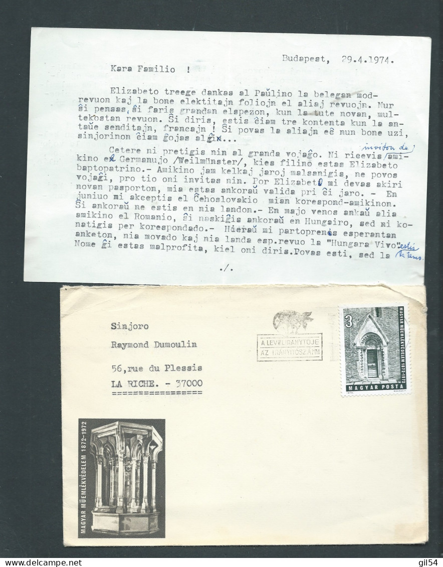 Lac De HONGRIE écrite En Espéranto - VOYAGEE VERS LA FRANCE EN 1974 - Mald 12807 - Cartas & Documentos