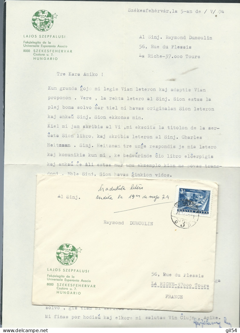 Lac De HONGRIE écrite En Espéranto - VOYAGEE VERS LA FRANCE EN 1974 - Mald 12809 - Briefe U. Dokumente