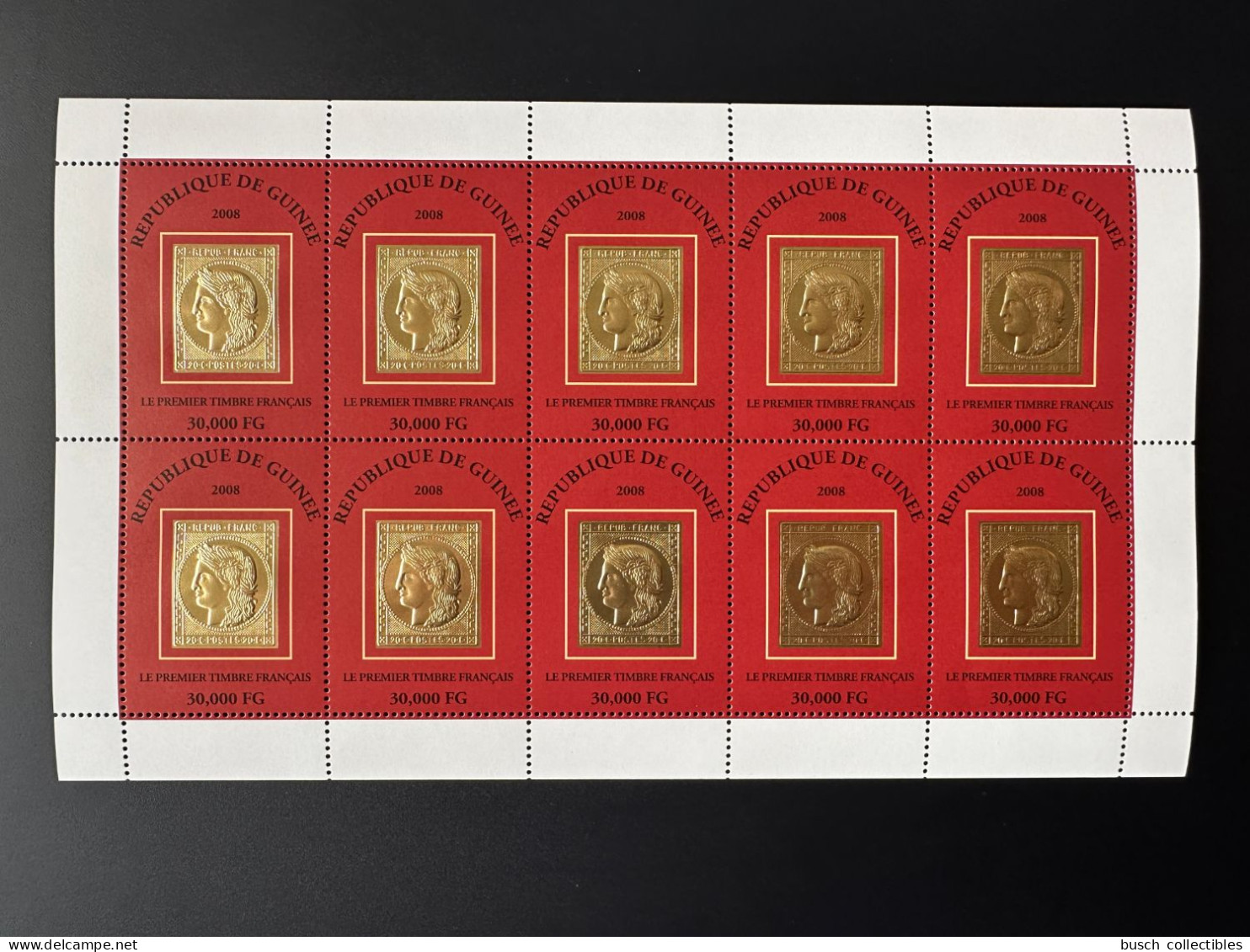 Guinée Guinea 2008 Mi. 5452 Feuillet Kleinbogen Premier Timbre Français First French Stamp On Stamp Gold Or Cérès - Briefmarken Auf Briefmarken